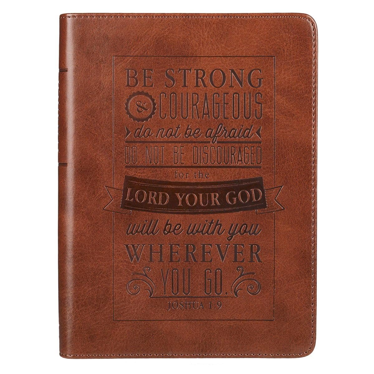 Christian Art Gifts Classic Handy-sized Journal Be Strong and Courageous Joshua 1:9 Bible Verse Inspirational Scripture Notebook w/Ribbon, Faux Leather Flexcover 240 Ruled Pages, 5.7″ x 7″, Brown