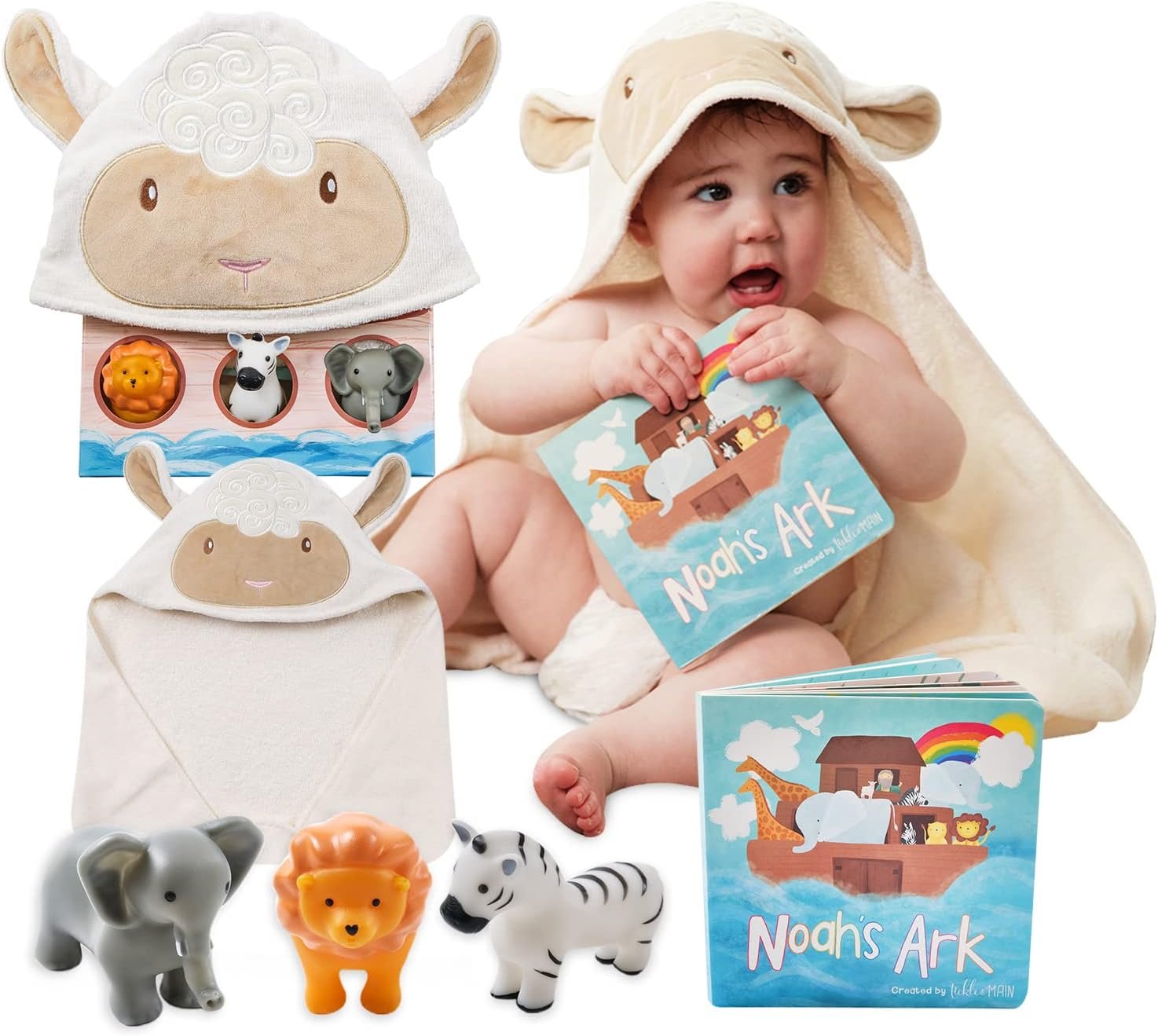 Tickle & Main Noah’s Ark Baptism Gifts for Boys Gift Set – 0-12 Months, 5-Piece, Multicolor – Hooded Lamb Towel & Storybook with 3 Animal Squirt Toys – Baby Bath Essentials & Baptism Bath Set