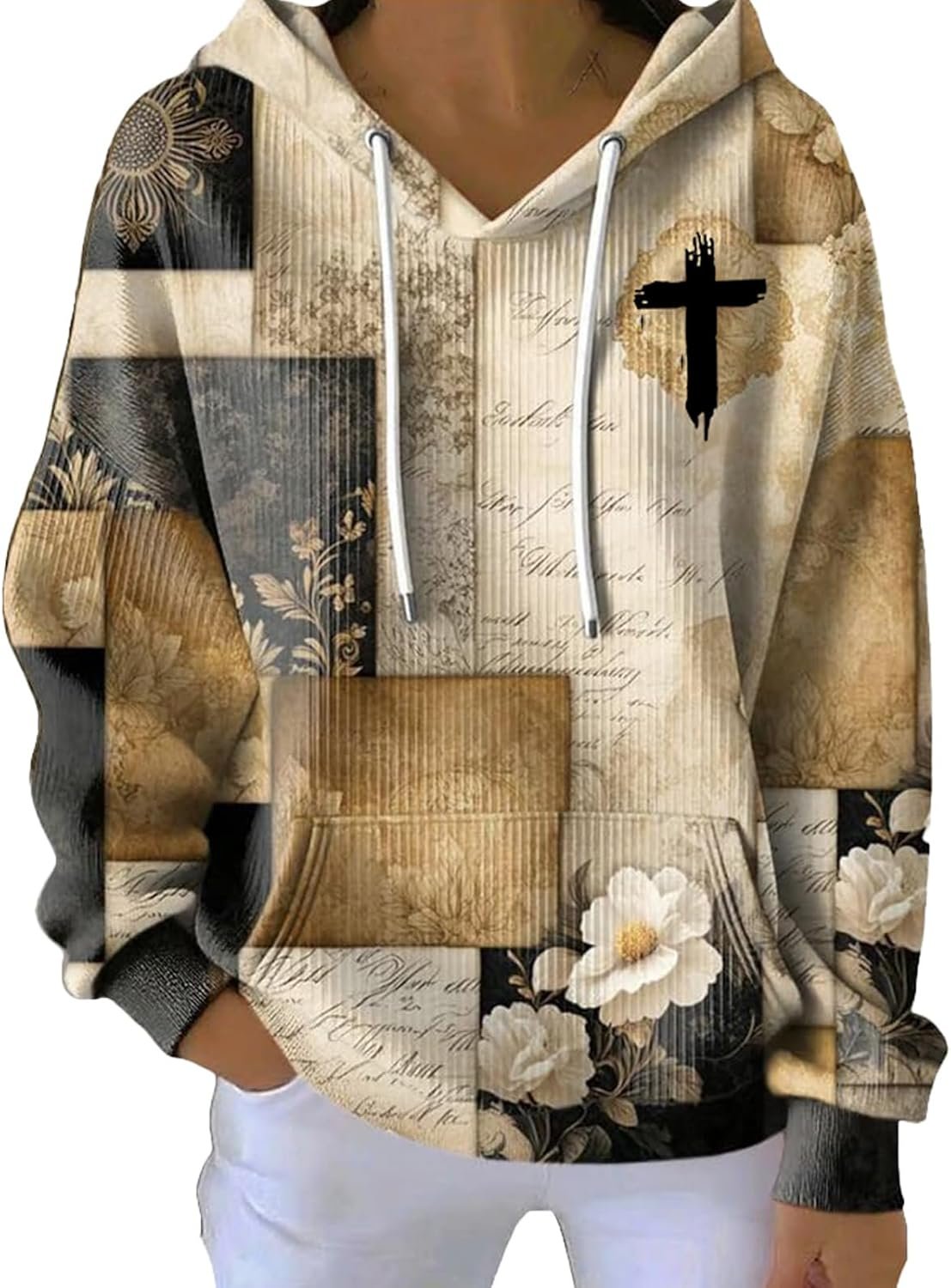 Women’s Casual Retro Color Block Contrast Print Faith Texture Hoodie Floral Cross Hoodie for Women