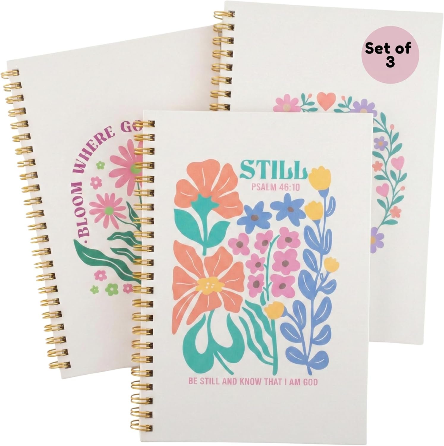 Christian Notebook Set of 3 – Joyful Bloom Spiral Journal for Women – 100 GSM No-Bleed Bible Study Supplies – 3 Floral Lined Notebooks for Prayer Journal, Sermon Notes, and Devotionals