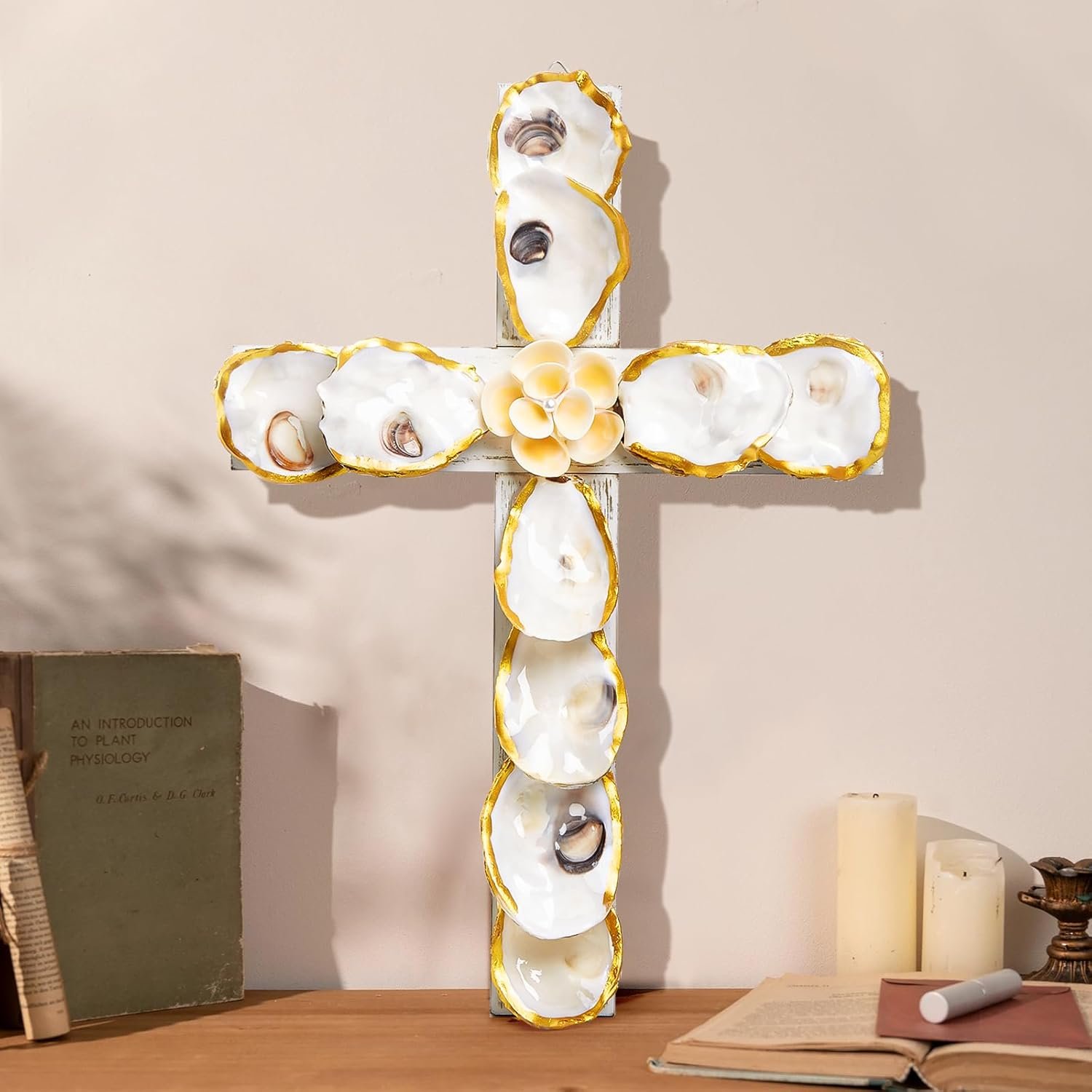 QEQEKAKA Cross Wall Decor – Handmade Oyster Shells Cross Wood Wall Decor for Christian Wall Art Decor Religious Gift Indoor Outdoor Home Decor