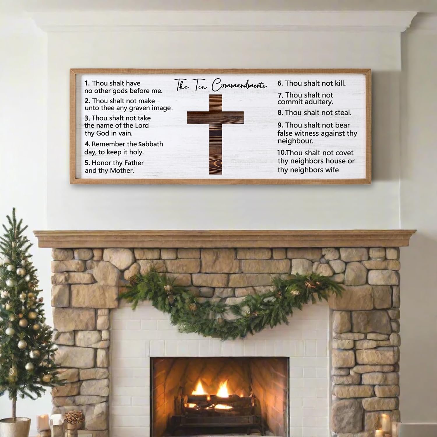 Ten Commandments Rustic Bible Verse Framed Wall Art 40″ x 15″ Natural Religious Christian Slogan Representing God Jesus Christ Prayer Vintage Holy Inspirational Catholic Scripture Decor