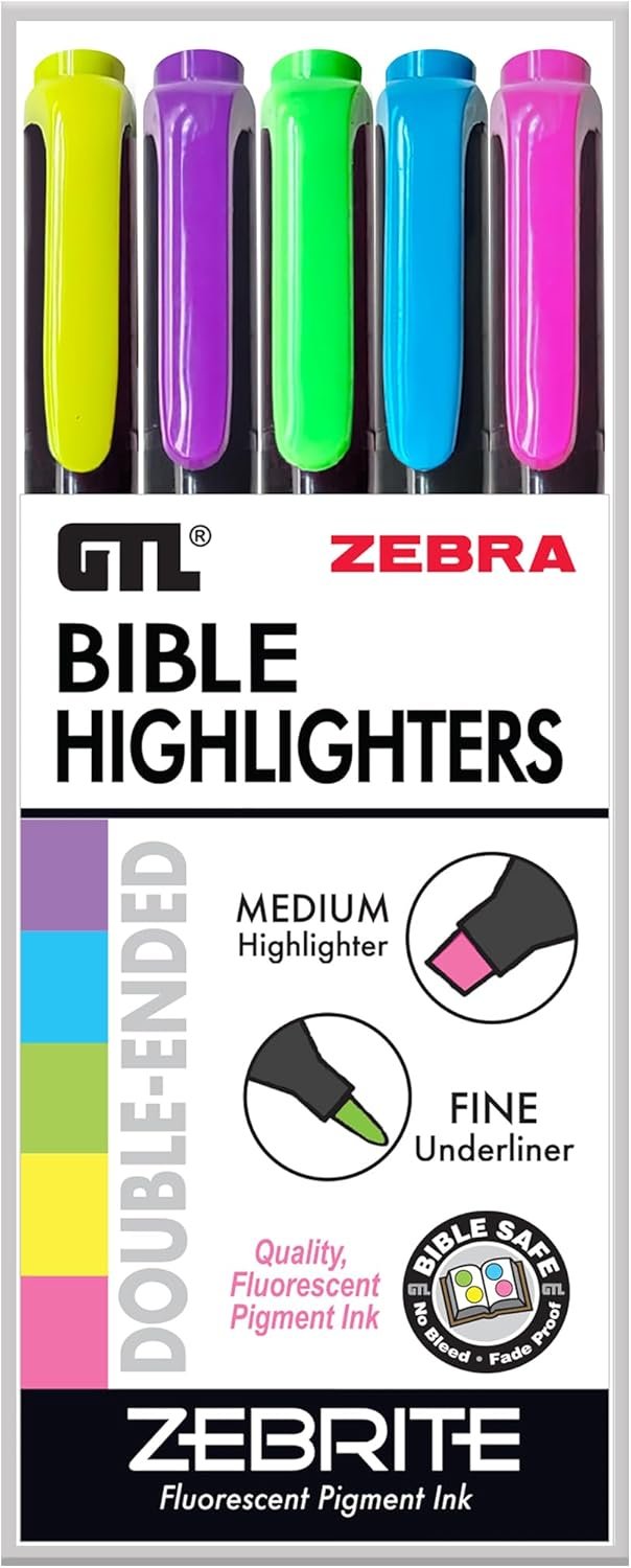G.T. Luscombe Company, Inc. Zebrite Double Ended Bible Highlighters | No Bleed Pigmented Ink, No Fading or Smearing | Double Ended Fluorescent Multicolor for Highlighting & Underlining (Set of 5)