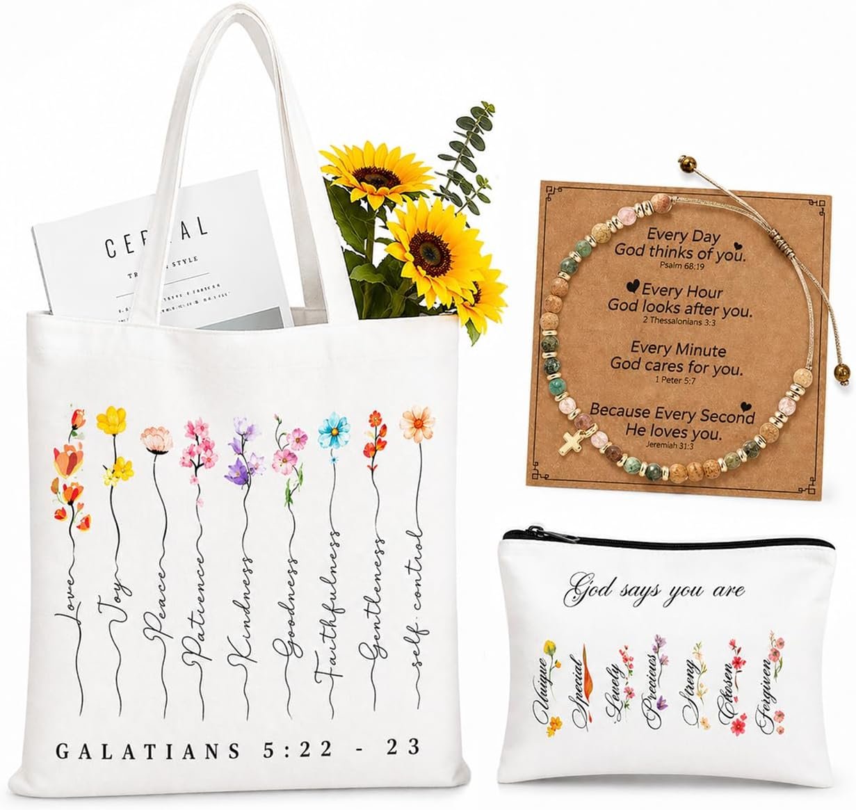 TUZELIYA Christian Gifts for Women, Cross Bracelet & Bible Bags for Women Inspirational Gifts, 3 Pcs Faith Spiritual Christian Basket for Mom Sister Best Friend Coworker