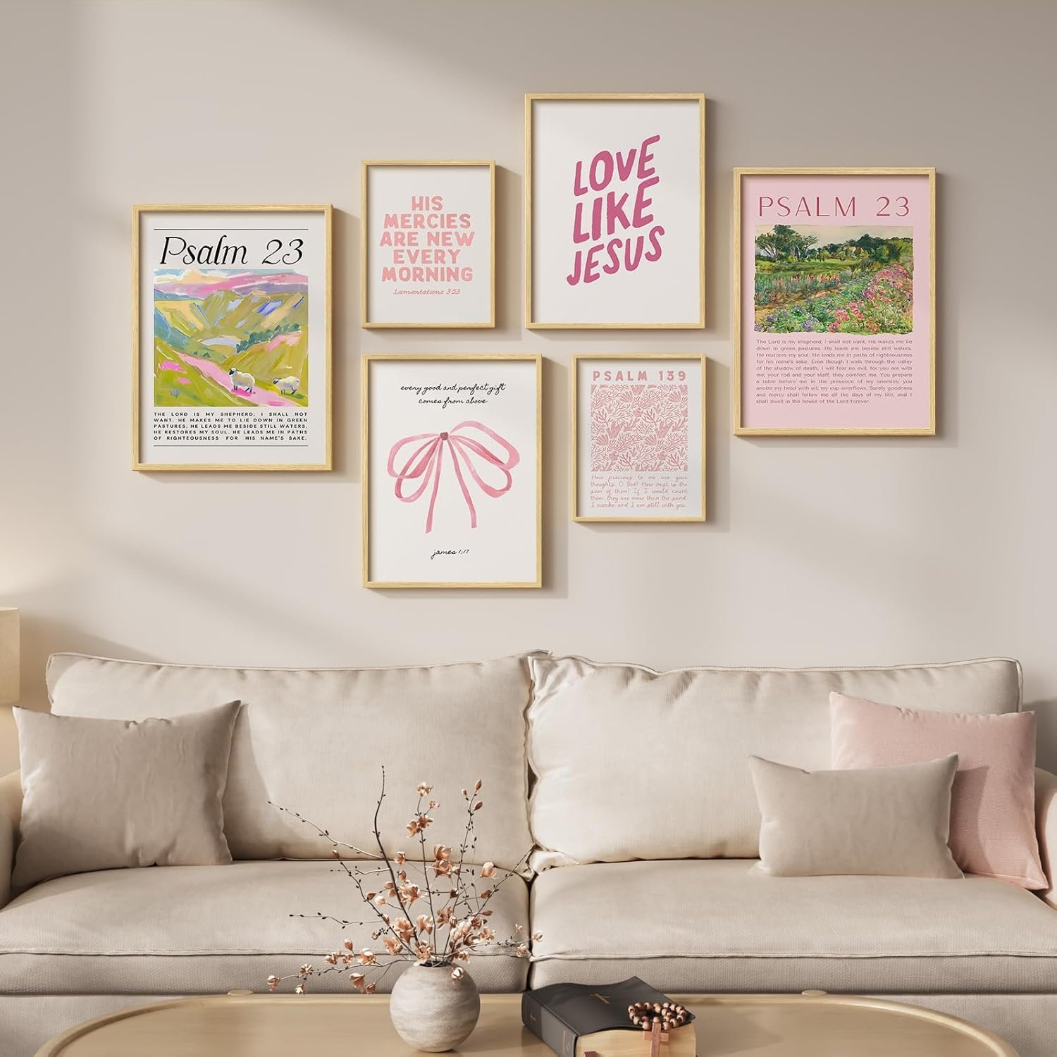 Framed Christian Canvas Wall Art Set of 6, Pink Scripture Prints with Bible Verse Quotes and Preppy Inspirational Artwork, Religious Decor for Living Room Bedroom Kids Room Nursery Prayer Room