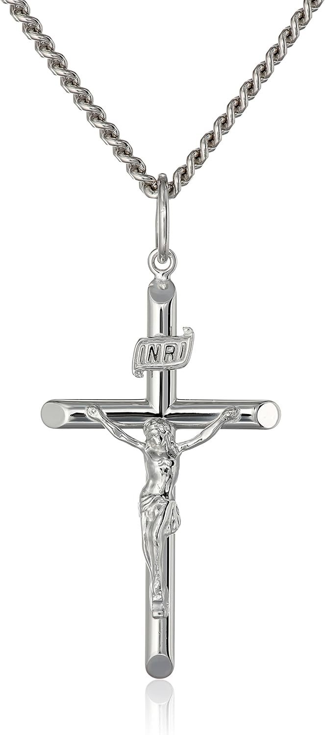Amazon Essentials Men’s Sterling Silver Crucifix Cross Pendant Necklace with Stainless Steel Chain, 24″, Religious Christian Jewelry