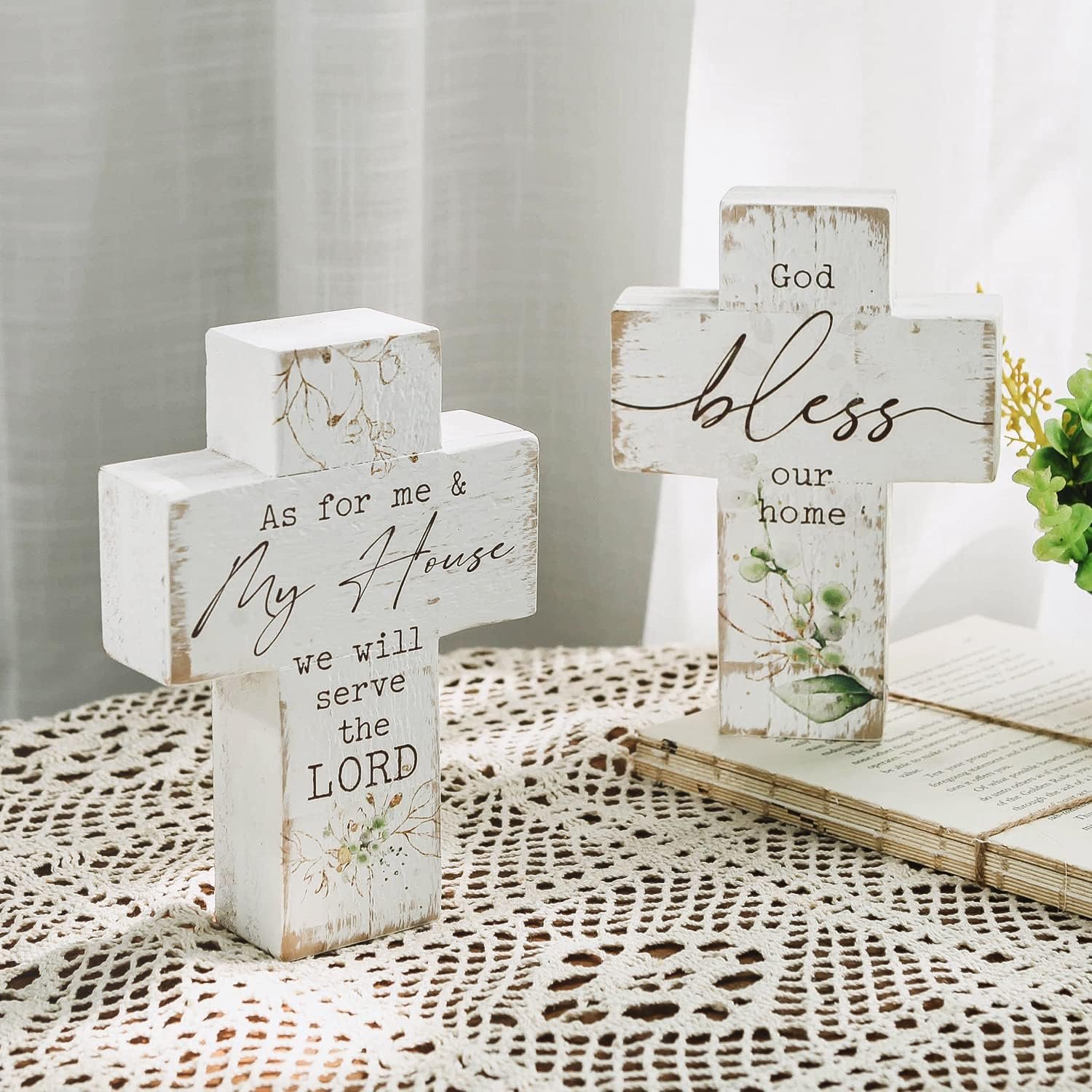 Wood Wall Cross Set of 2 Distressed Whitewashed Wooden Cross Crucifix Spring Style Christian Catholic for Farmhouse Home Living Room Table Decor