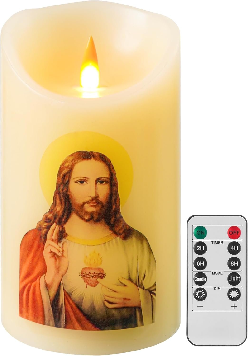 LED Prayer Flameless Candles with Remote Timer, Battery Powered Candle, Religious Candle 6″ x 3.2″ （Jesus Red ）