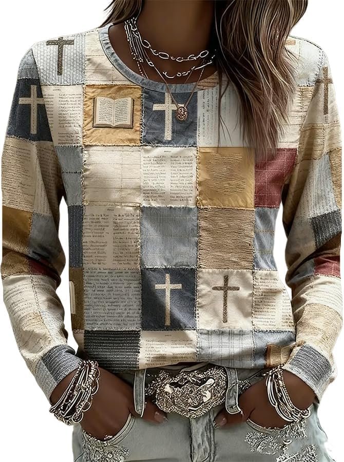 Women’s Retro Color Block Faith Print Faith Cross Fall Sweatshirt Christian Sweatshirts for Women