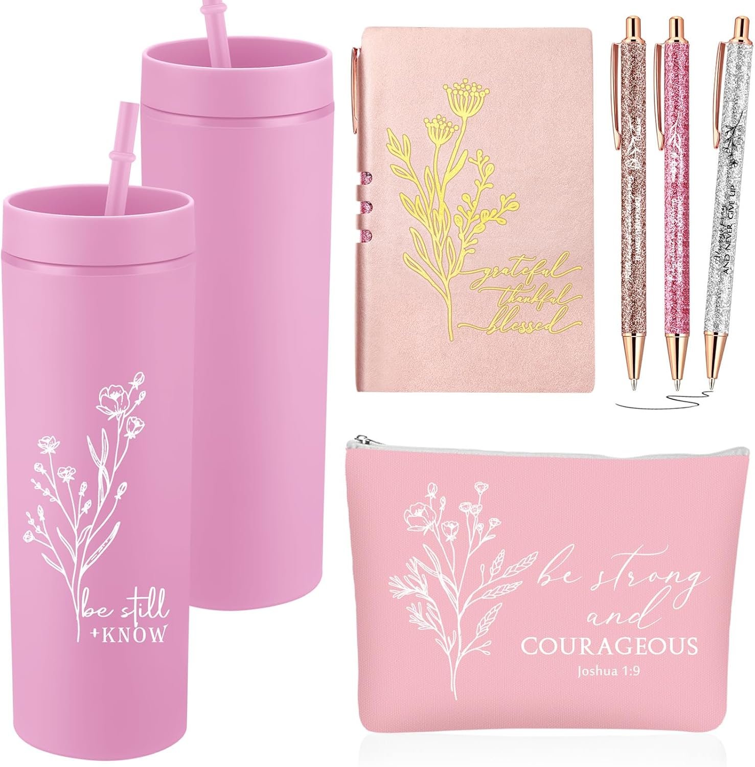 Funnymoom 6 Pcs Christian Gift for Women Includes Bible Religious Notebook and Pens Set Tumbler Makeup Bag Scripture Faith Gift for Church Members Women Mother Sister Friend Gifts