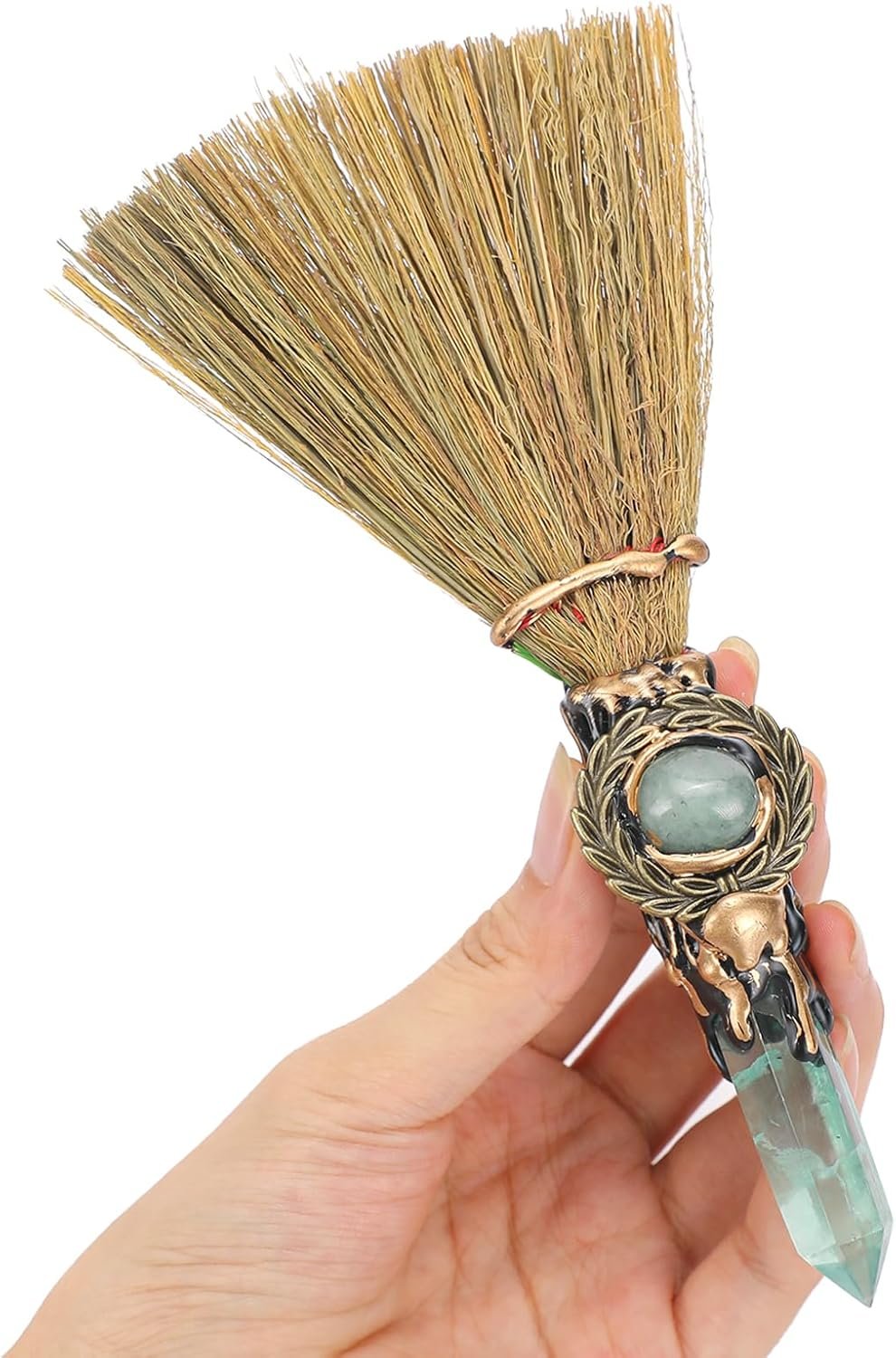 RENEMEGO Witch Broom Green Crystal – Witch Wiccan Altar Broom Witchcraft Witches Pagan Altar Decor Natural Reiki Energy Wand Stone Ritual Magic Ceremonial for Meditation Therapy Halloween Decorations