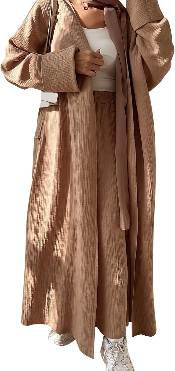 Open Abayas Kimono Muslim Women Cardigan Maxi Dress and pants Set Islamic Clothing Dubai Saudi Robe