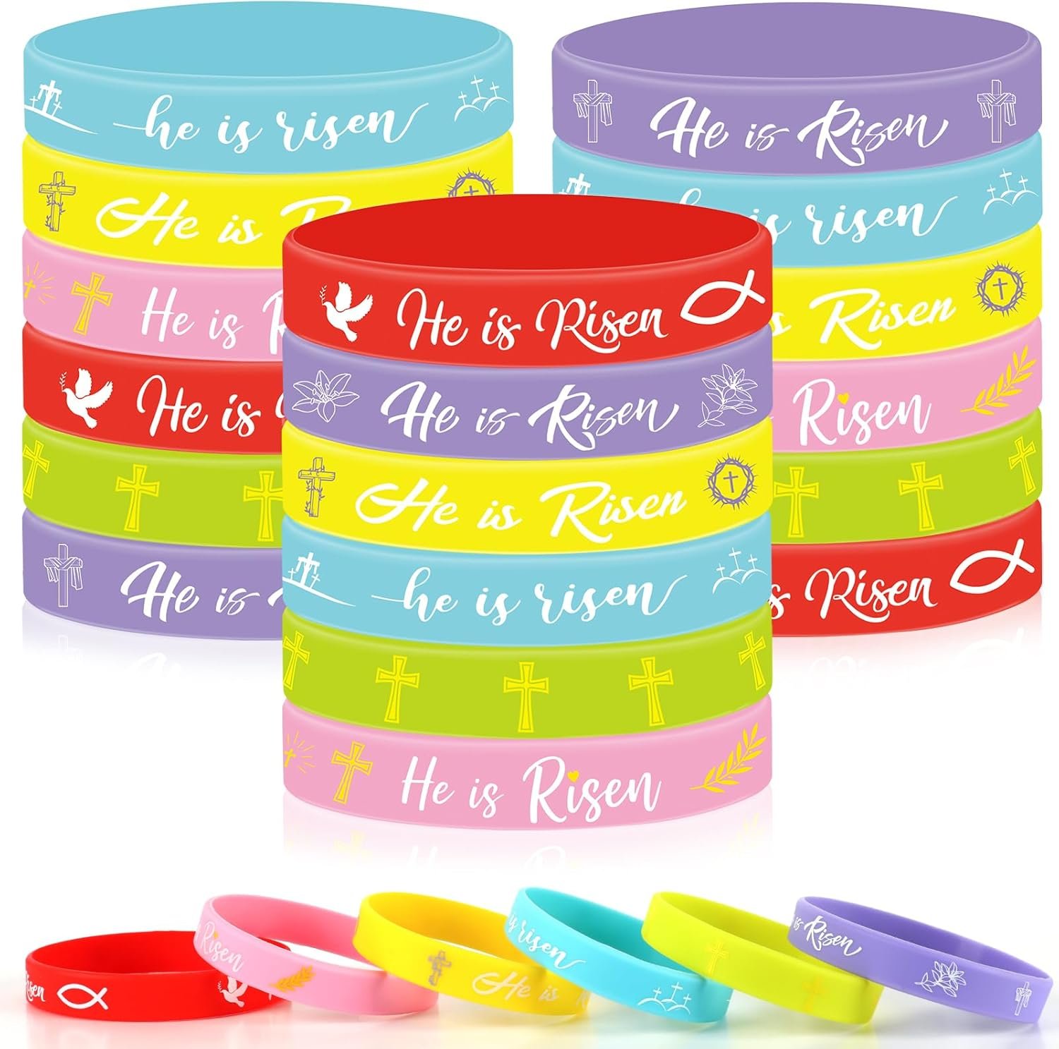 JUNEBRUSHS 42 Pcs He Is Risen Bracelets, 6 Styles of Easter Religious Silicone Wristbands Christian Easter Wristbands for Church Events Celebrations