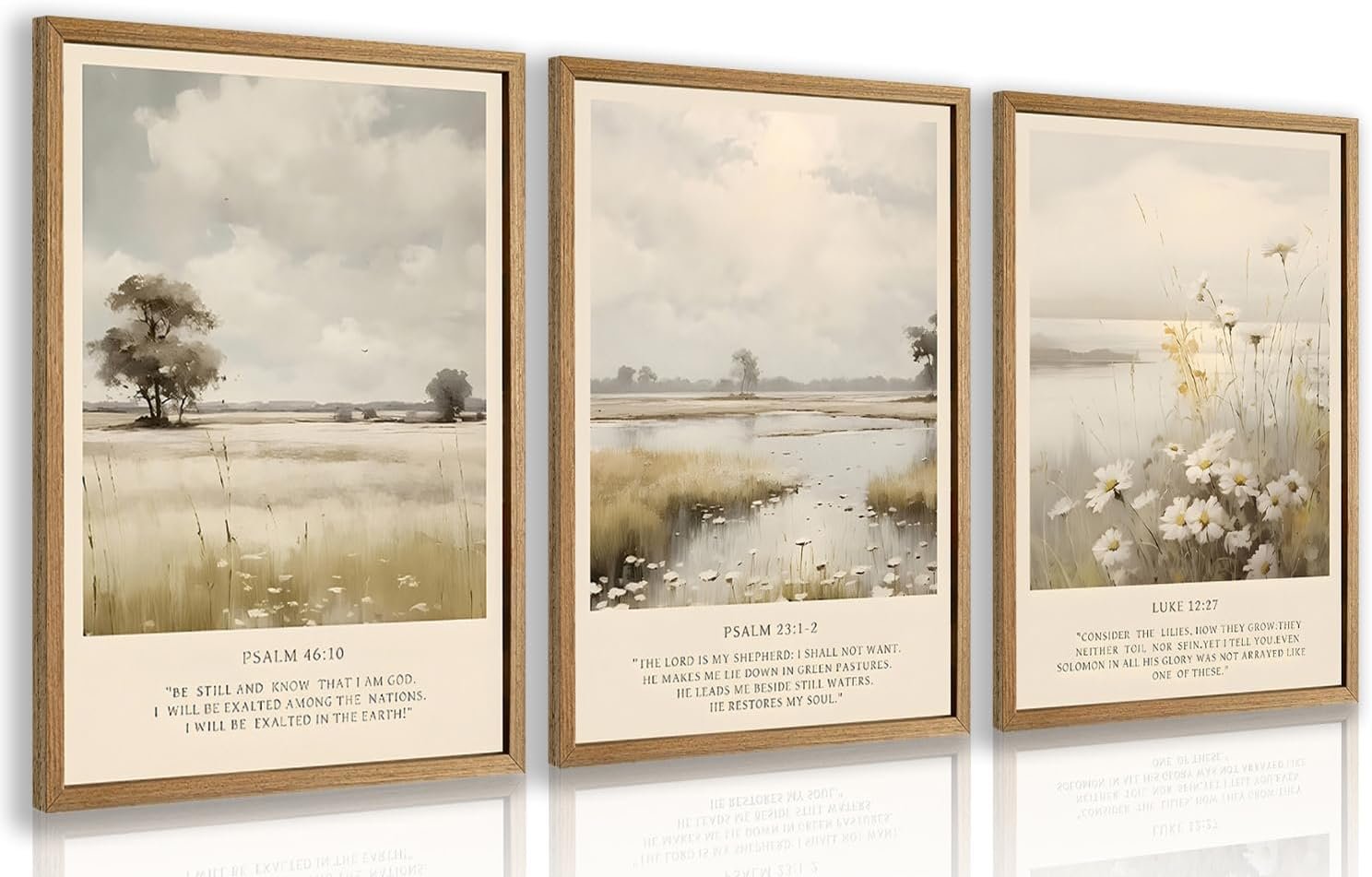 Cyebmo Christian Bible Verse Wall Art, Religious Wall Decor, Neutral Farmhouse Landscape Art Prints, Jesus Scripture Floral Canvas Painting for Church Prayer Room Hospitals Wood Framed 12″x16″x3
