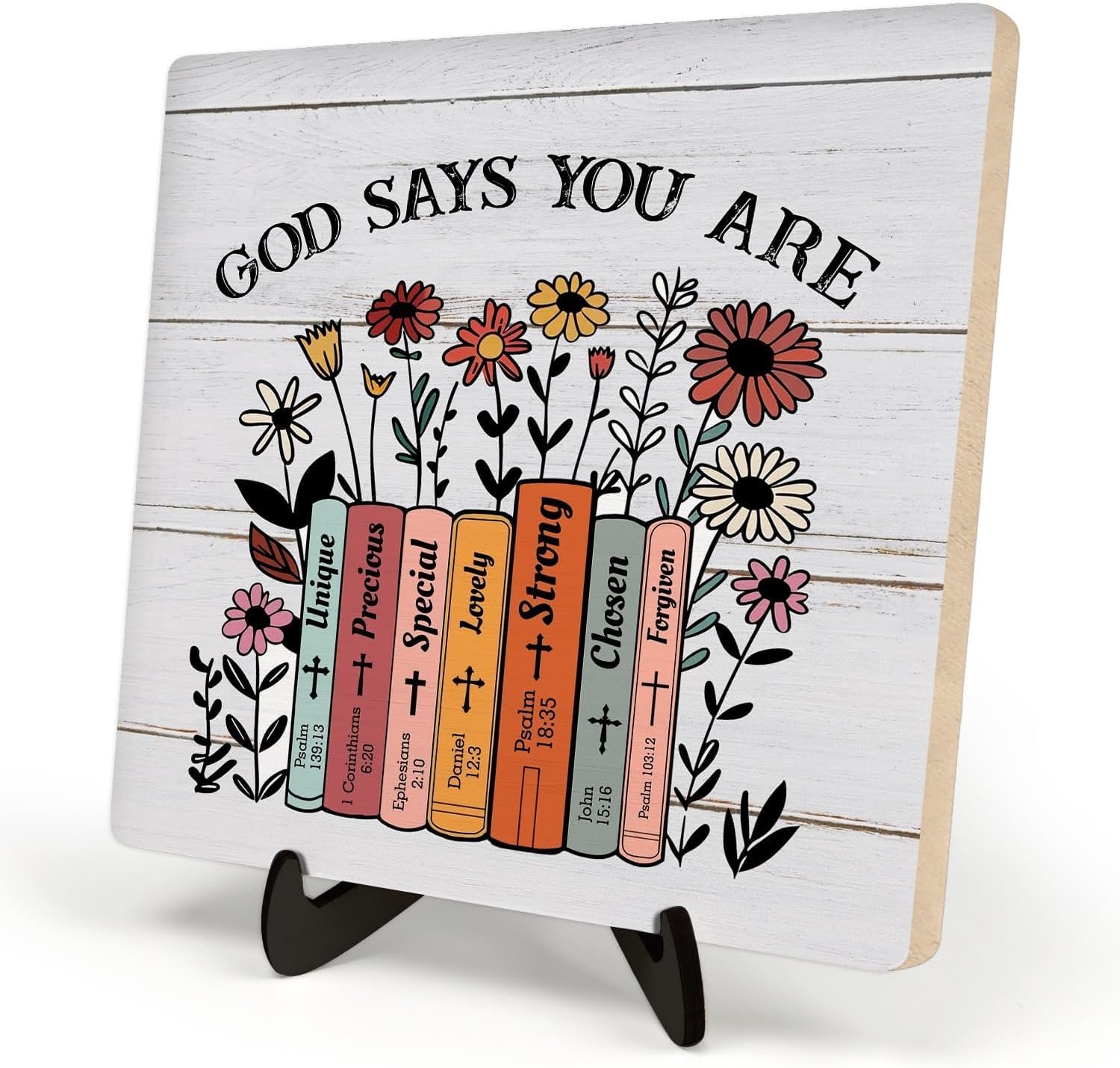 Christian Desk Wooden Sign Decor, God Says You Are, Home Office Religious Motivational Decor Scripture Bible Verse Desk Decoration Inspirational Christian Gifts 5.9×5.9inch(GOD SAYS-Book)