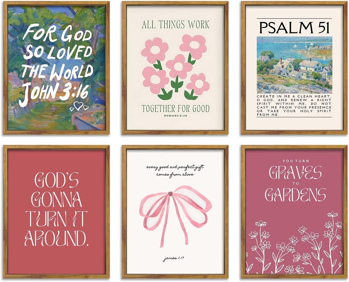BingruiArt Christian Wall Art Posters Bible Verse Canvas Retro Pink Bow Psalm 51 Scripture Christian Artwork Decor Religious Pictures Poster Prints for Living Room Bedroom 6 Pcs 8x10in Unframed