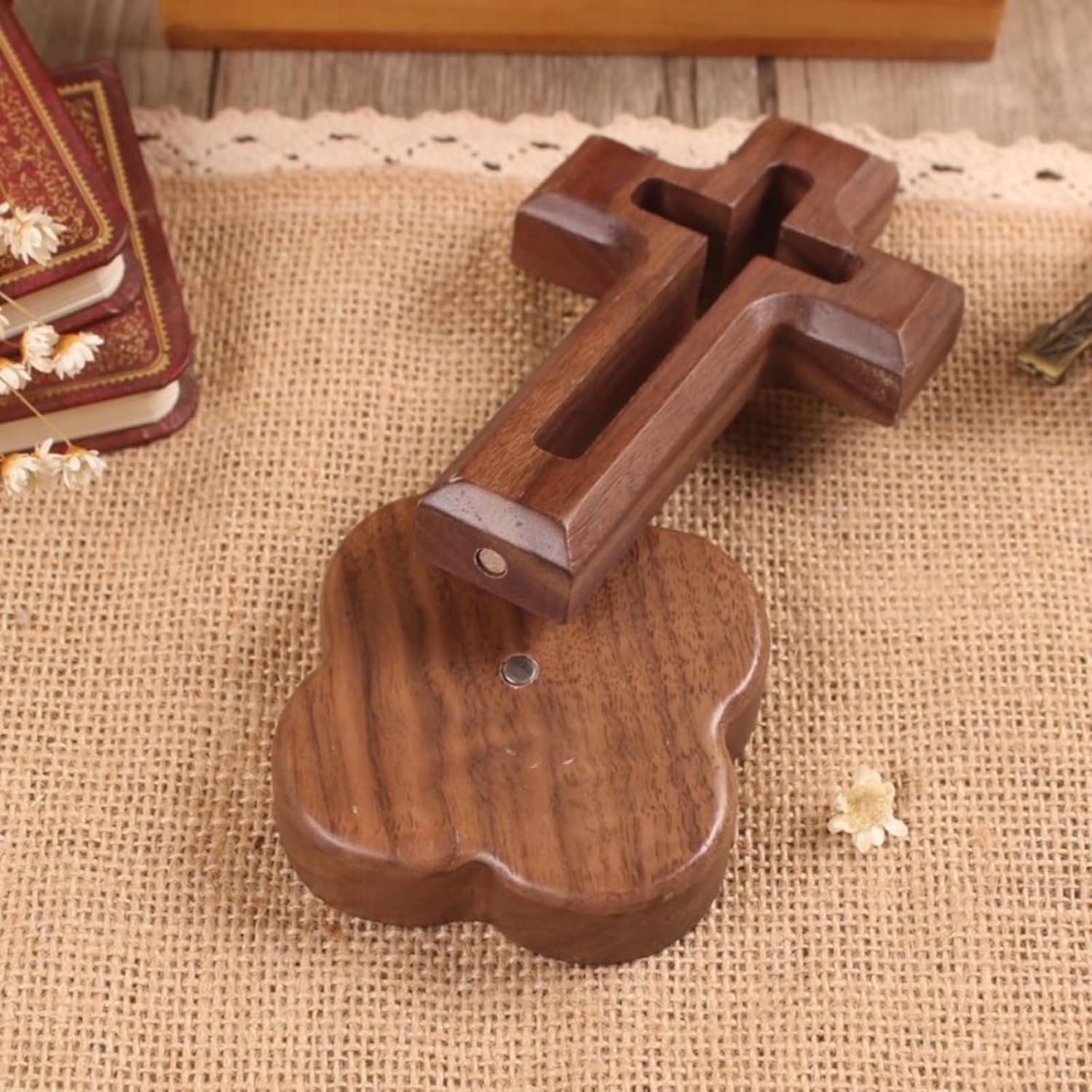 Handmade Walnut Wood Jesus Cross,5.5 x 2.8 Inch Rustic Christian Wall Decor with Strong Hidden Magnets,Spiritual Gift for Home,Church,Baptism,Wedding, Housewarming
