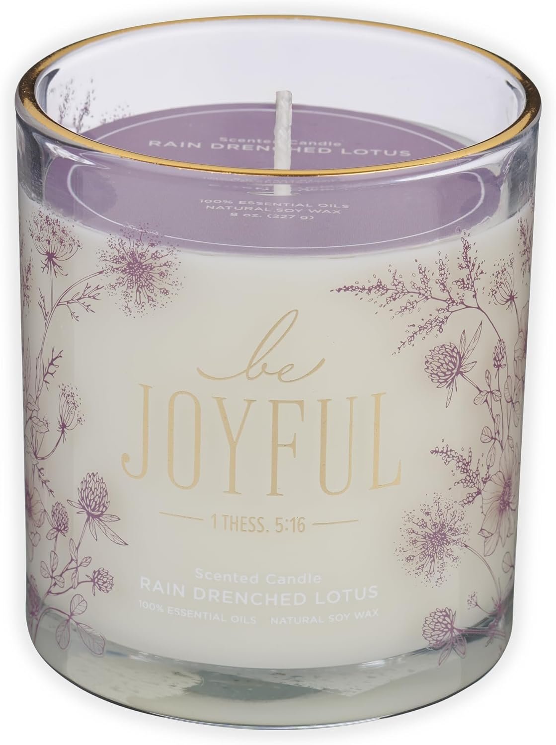 Christian Art Gifts Be Joyful Scented Candle: Soy Wax, Pure Essential Oils, Rain Drenched Lotus Scent, Bible Verse, Floral Design Glass Jar, Encouragement Gift for Women, 40 Hours Burn Time