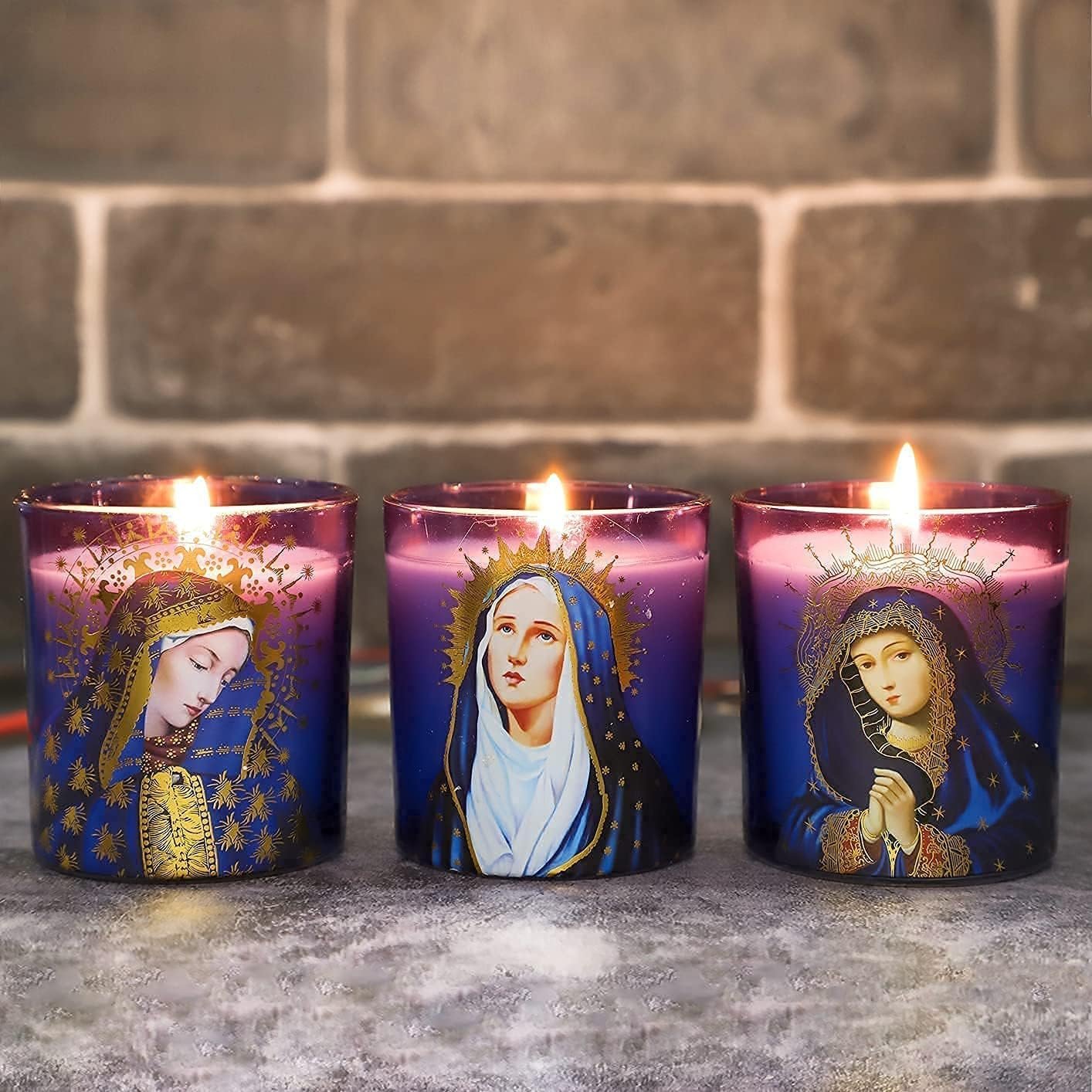Prayer Candles, Devotional Candles, Virgin of Mary Saints Religions Decoration, Rosemary Scented Votive Candles for Prayer Altar, Mantle, Church – Set of 3