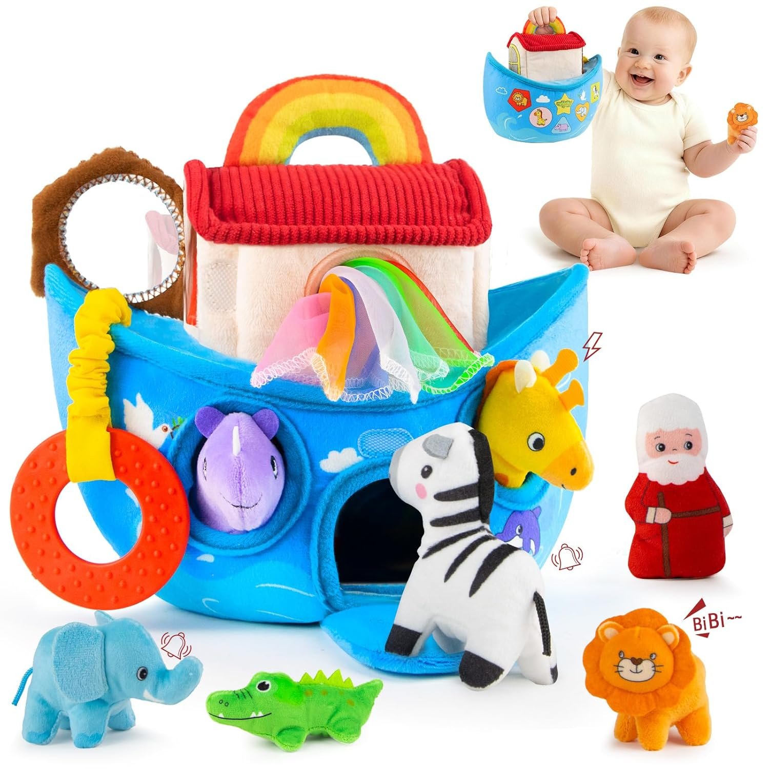 Baby Toys 6-12 Months – Noah’s Ark Toy with Stuffed Animals, Baptism Gifts for Boys Girls, Montessori Toys for 6 Month Old Babies Sensory Tissue Box Toy for 1 Year Old