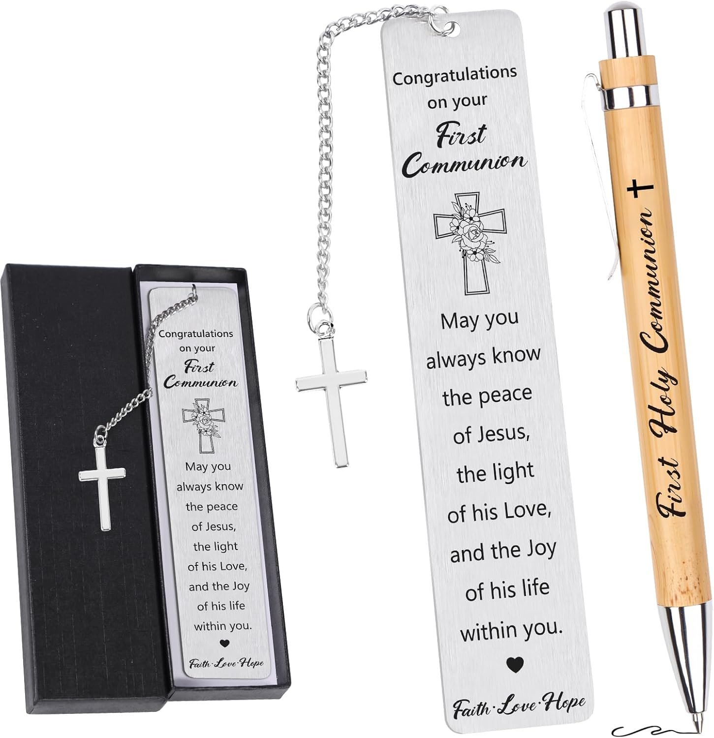 First Communion Gift for Boys Girls – Hamdwerk First Holy Communion Bookmark and Bamboo Pen, 2Pcs Catholic 1st Communion Bless Baptism Gifts for Daughter Son Goddaughter Godson Granddaughter Grandson