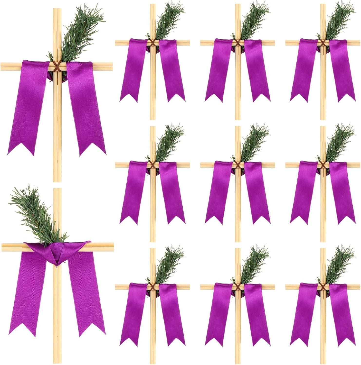 Yousoontic 10 Pcs Palm Sunday Cross Wood Easter Cross with Purple Ribbon and Pine Needles Christian He Is Risen Easter Table Decor Baptism Table Centerpieces Religious Church Palm Sunday Decoration