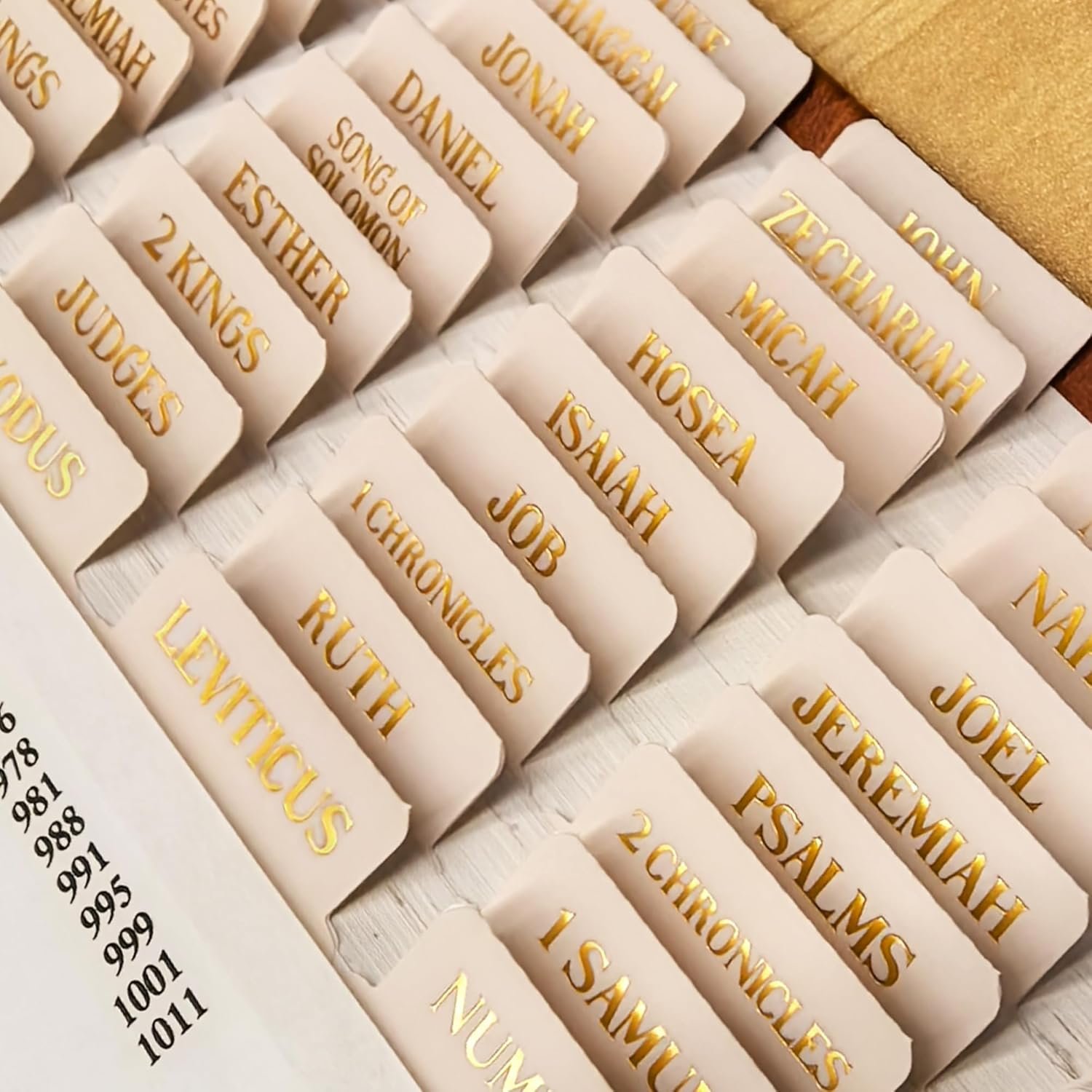 Laminated Bible Tabs, Gold Foil Embossed Lettering Bible Chapter Index Tabs for Women Men, Reposition Large Print Sticky Labels, Easy to Read and Apply, 105Chapters Labels for Easy Navigation (Creamy)