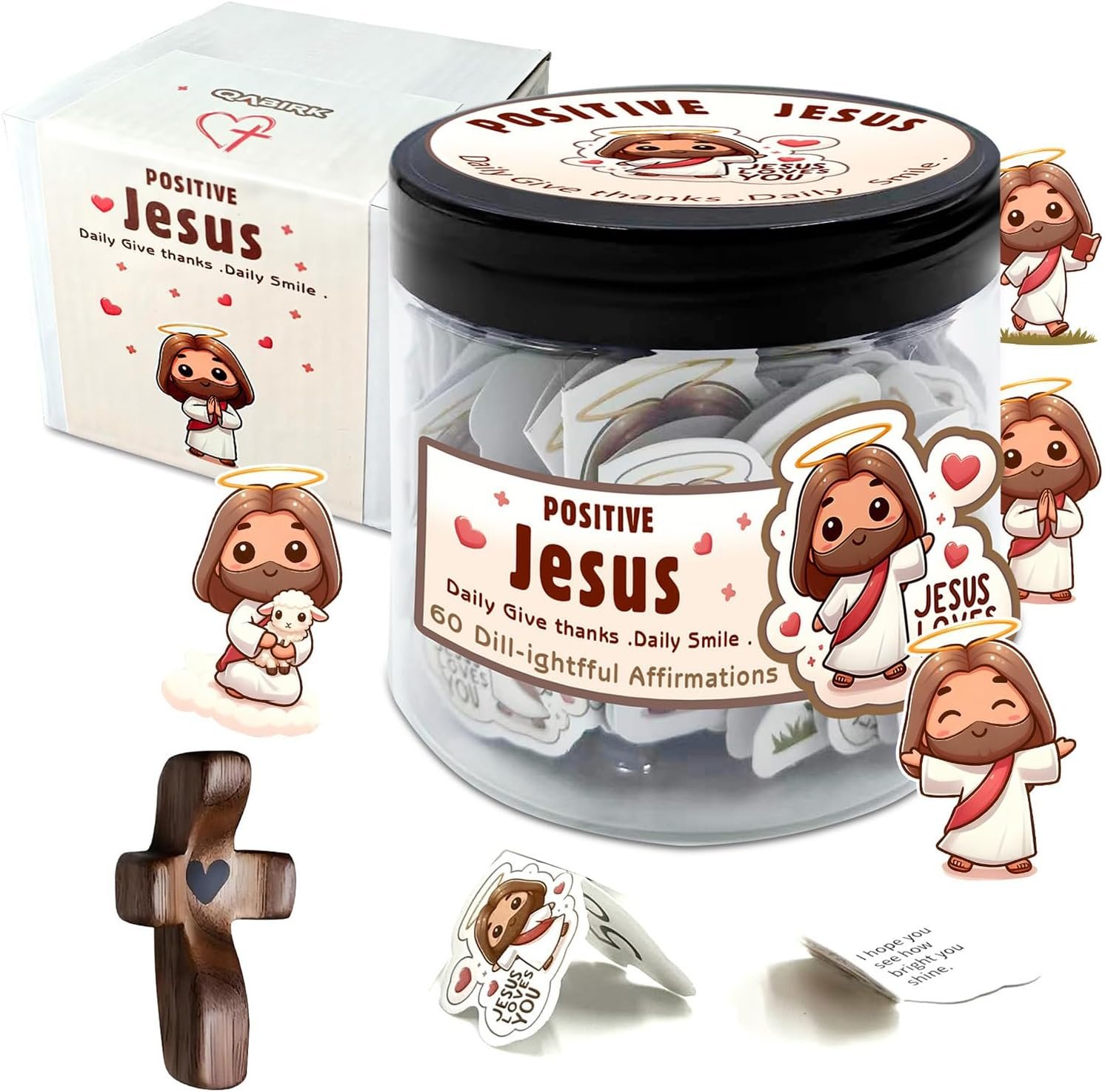 Jesus Jar with Walnut Cross – 60 Double-Sided Scripture Cards for Emotional Support, Bible Verse Gift for Women Teens Kids, Daily Faith Encouragement, Christian Easter Birthday Gift