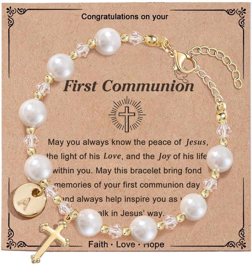enasal Initial A-Z Letter First Communion Gifts for Girls, Rosary Pearl Cross Bracelet for Christian Catholic Goddaughter
