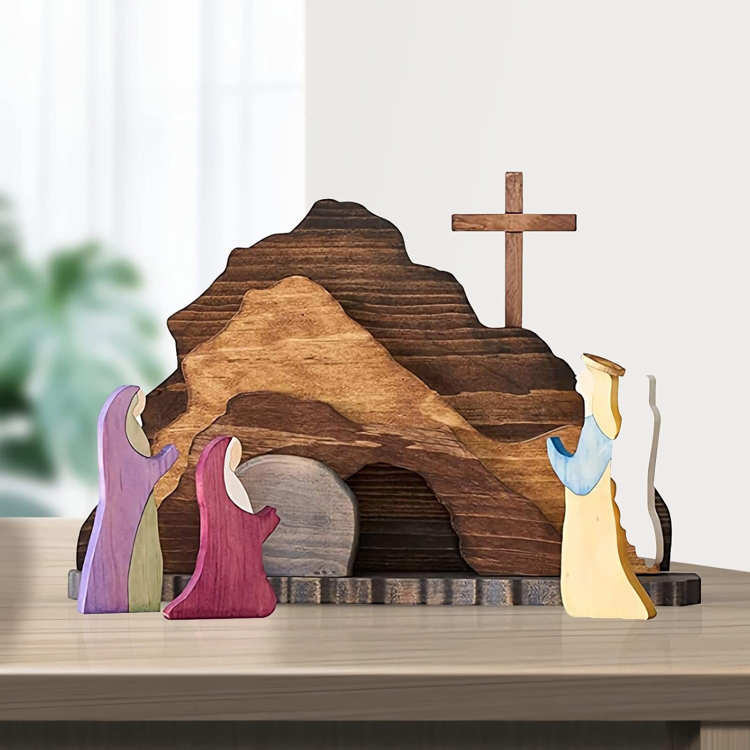 Easter Scene Wooden Decorations – Empty Tomb Easter Resurrection Scene Set and Cross Decoration – Religious Christian Jesus Nativity Decor for Home Table Office