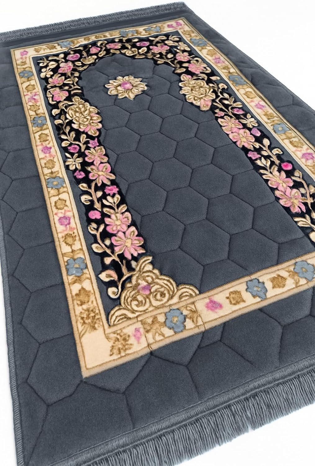 Prayer Mat Muslim Rug Islamic – Padded Thick Prayer Rug Sajadah for Men Women with Islam Prayer Beads for Eid Travel Ramadan, Soft and Luxury (Grey)