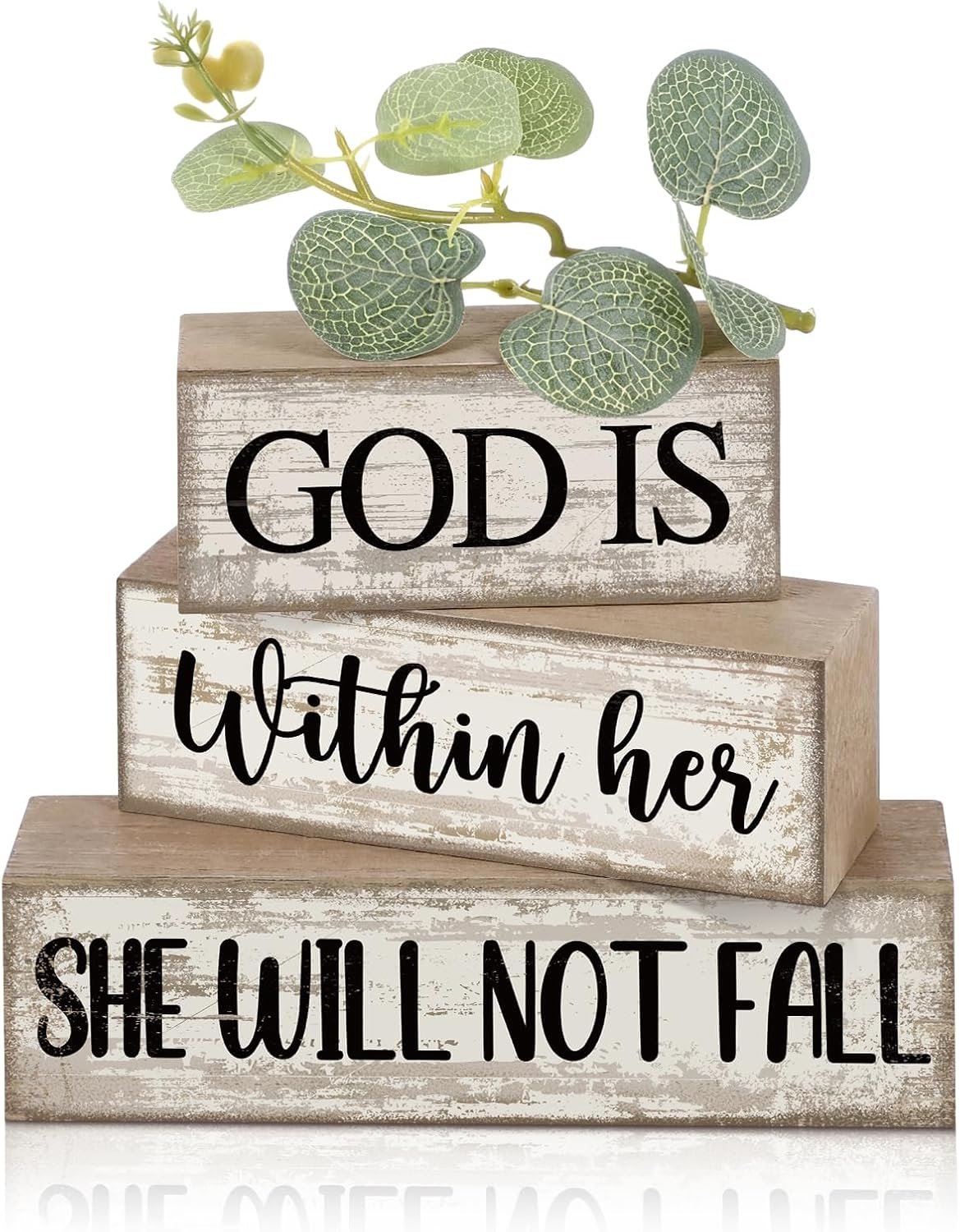 Lineshading 4 Pcs Christian Table Decor Inspirational Religious Gifts for Women God Is Within Her Bible Verse Wooden Block Signs Gift Farmhouse Christian Centerpiece for Mother’s Day Home & Office