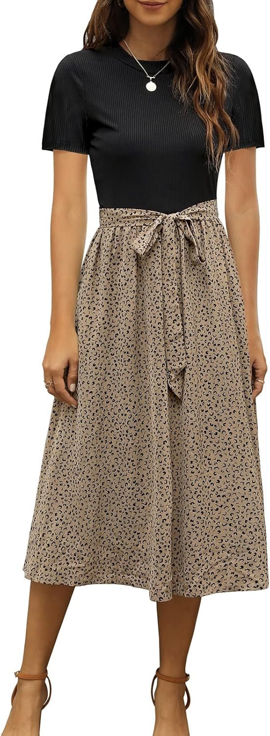 Zattcas Women 2026 Summer Dress Short Sleeve Ribbed Teacher Church Modest Business Casual Work Outfits Midi Dress