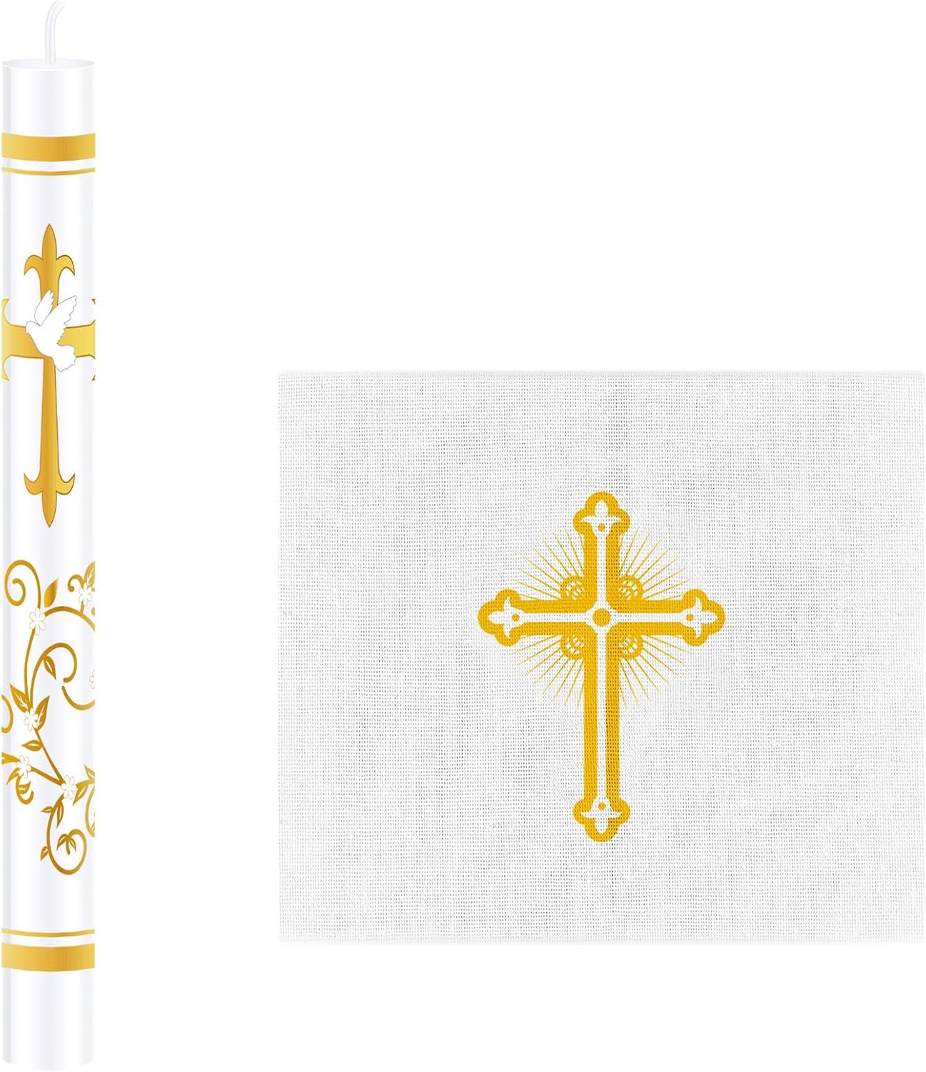 MTLEE Pack of 2 Baptism Candle Set for Boys and Girls, Baby Baptism Cloth with Gold Cross and Sacramental Catholic Candle Velas para Bautizo Christening Set