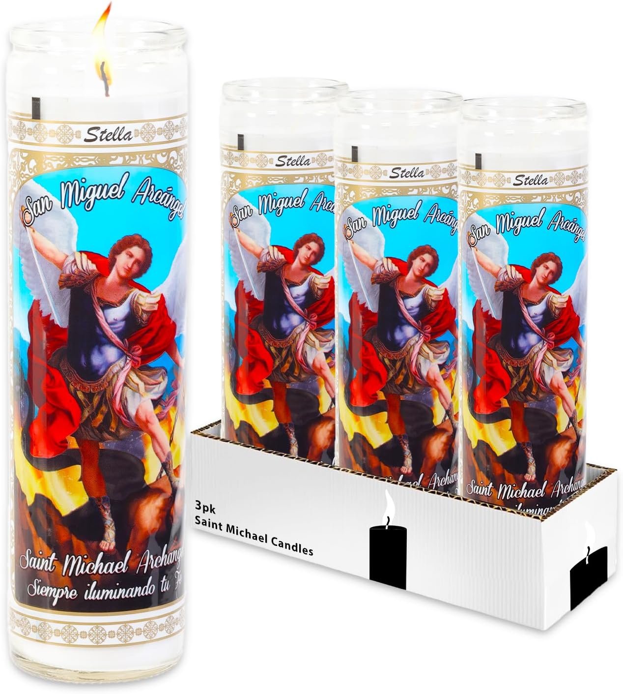 3 Pack Saint Michael The Archangel White Religious Candles – 3 Pack 8″ Michael The Archangel Candles for Vigils, Prayers, Blessing Ceremonies, and More | Devotional Candles in Glass