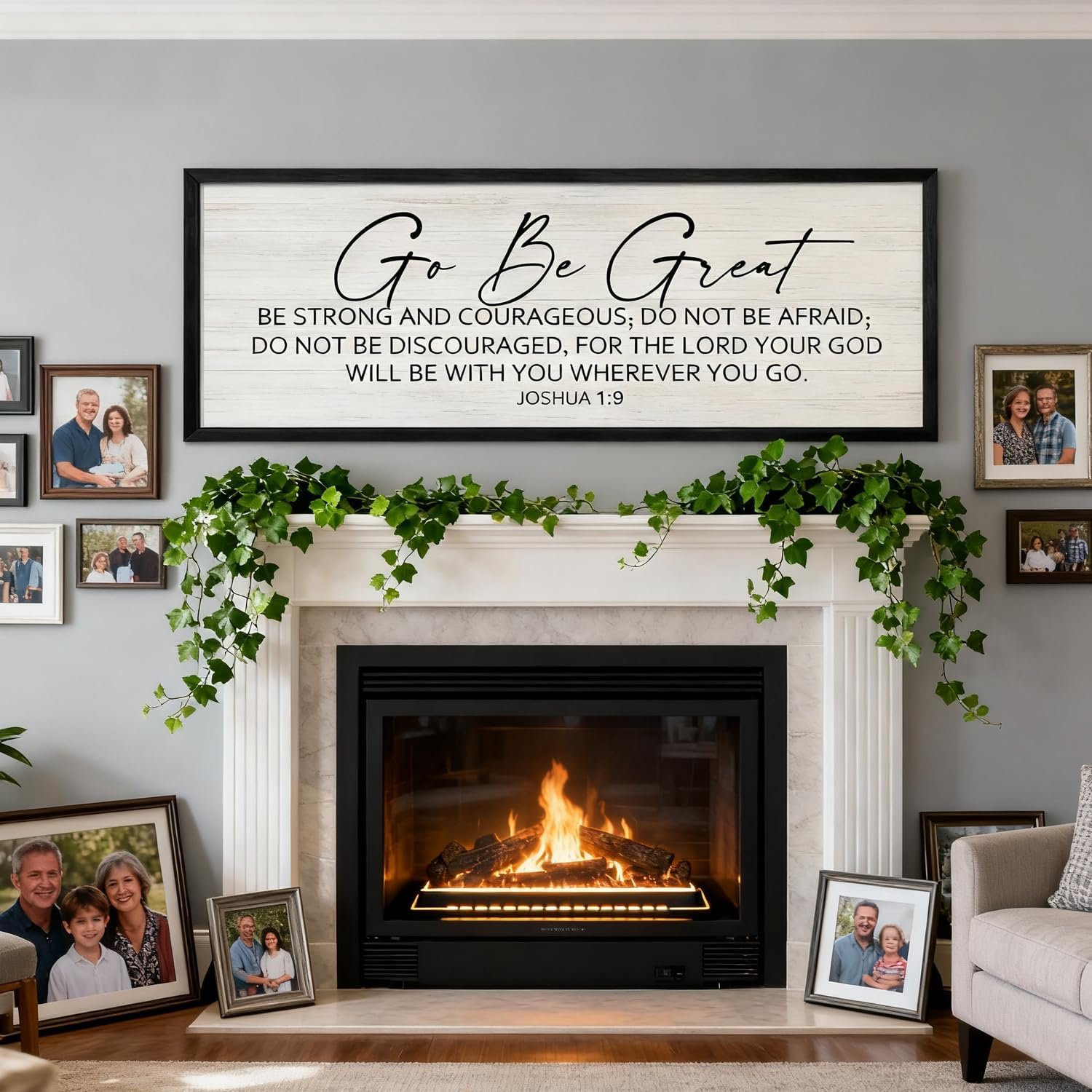 Go Be Great Framed Wall Art, Positive Religious Black Bible Verse, 40”×15” Vintage Rustic Long Holy Catholic Scripture Decor Natural Black