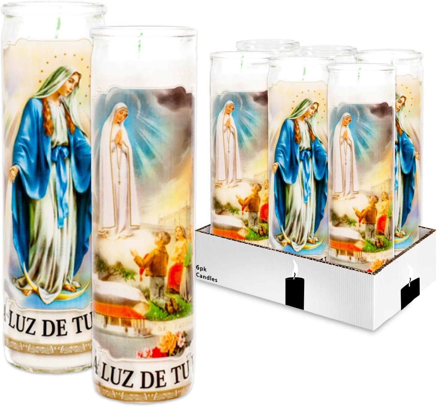 Generic Virgin Mary 6 Pack of 8 Inch White Unscented Religious Our Lady of Fatima & Guadalupe Candles for Vigils, Prayers, Blessing Ceremonies, Church Services & More