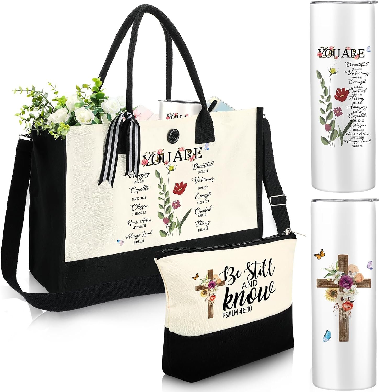 Silkfly 3 Pcs Christian Inspirational Gifts Set for Women Mothers Day Birthday Gifts Stainless Steel Tumbler Canvas Tote Bag for Friend Family Coworker