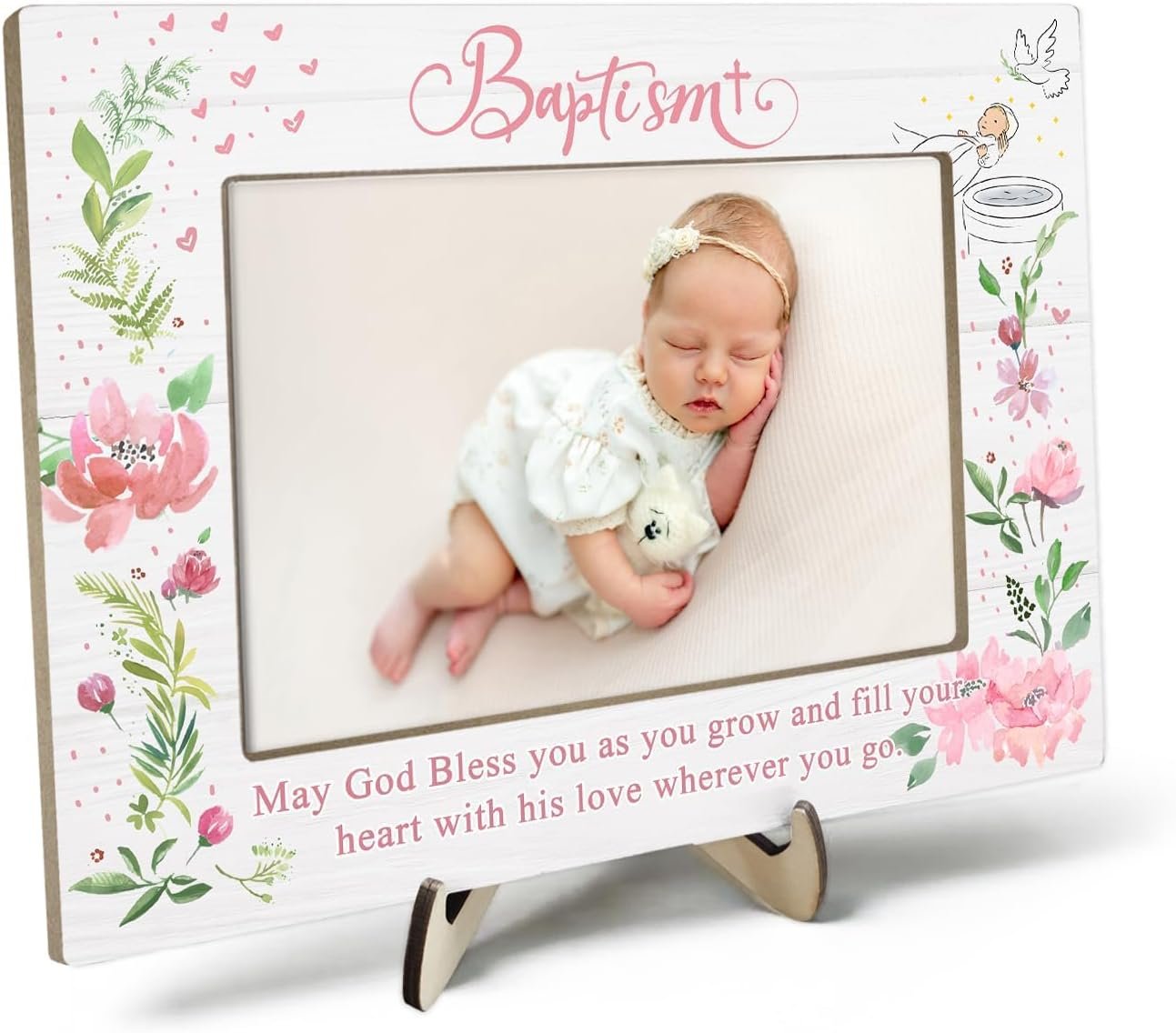 Baptism Gifts for Girl, Baptism Gifts for Boys, Baby Baptism Gift, Baptism Picture Frame, Baptism Gift for Godchild From Godparents-May God Bless You Wherever You Go, 4x6Inch Photo (Pink)