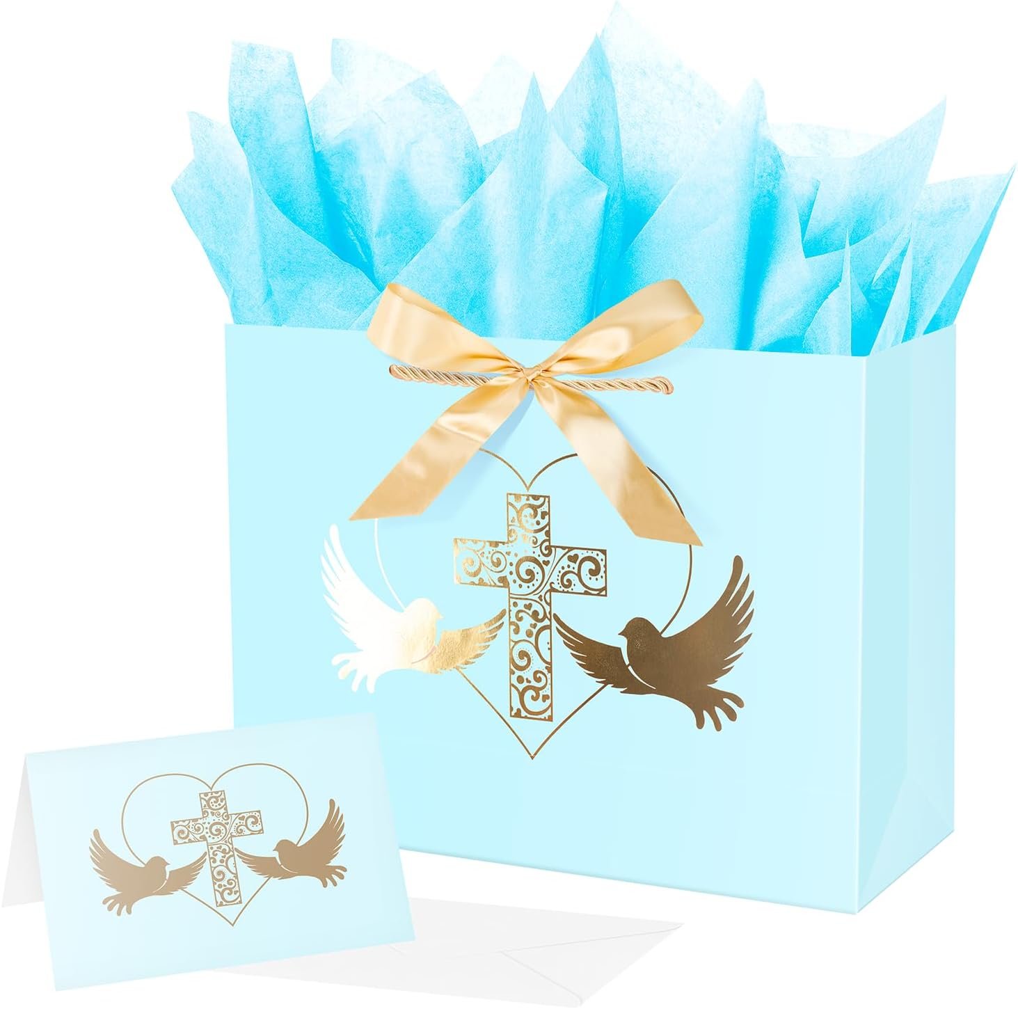 Linelglobal Baptism Gift Bag with Boy Blue Cross Gift Bag with Tissue Paper for Christenings First Communions Religious 12.6″