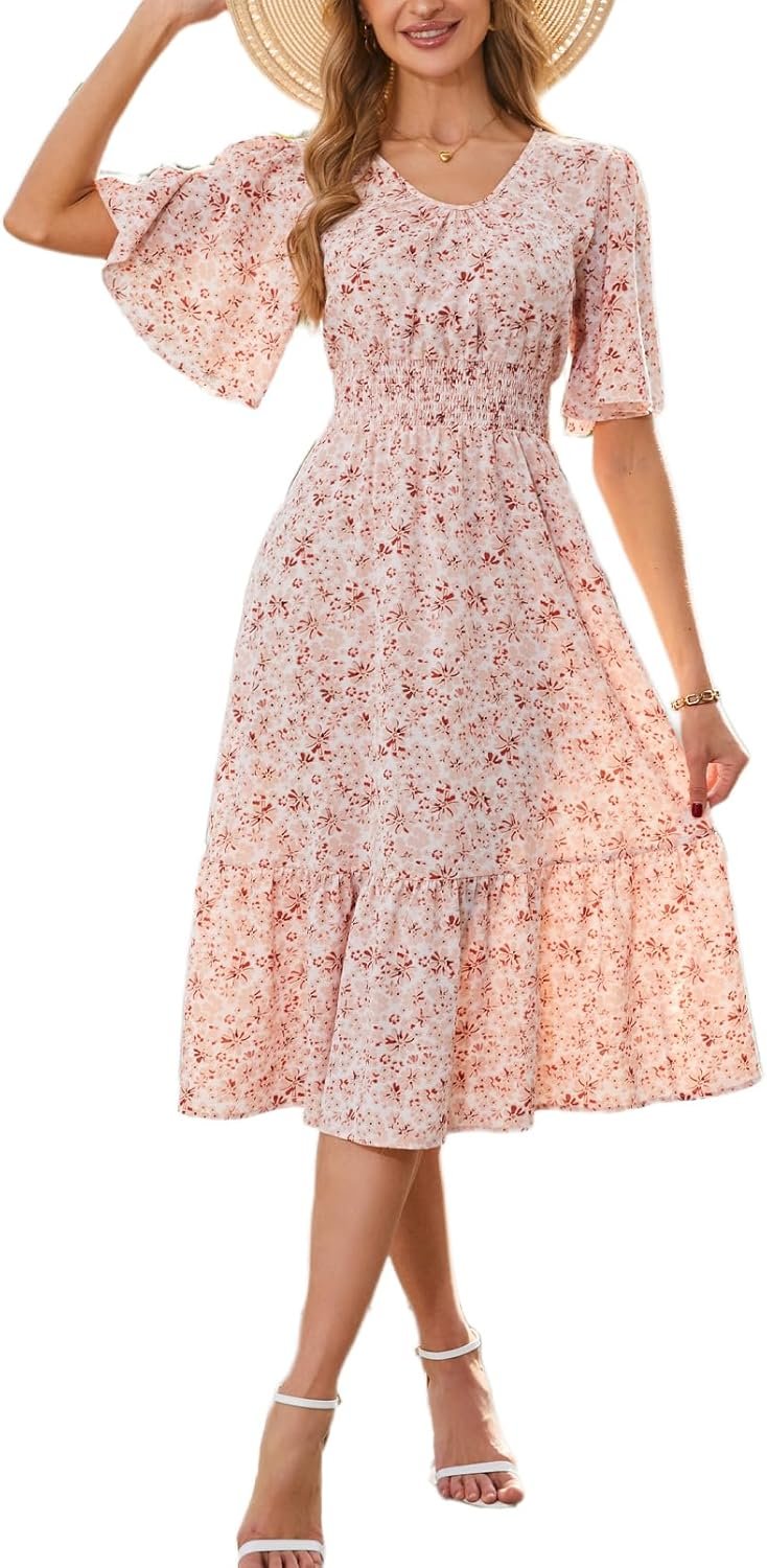 Women’s Casual Dresses Boho Floral Midi Dress Smocked Short Sleeve Babydoll Sundress with Pockets 2026 Summer