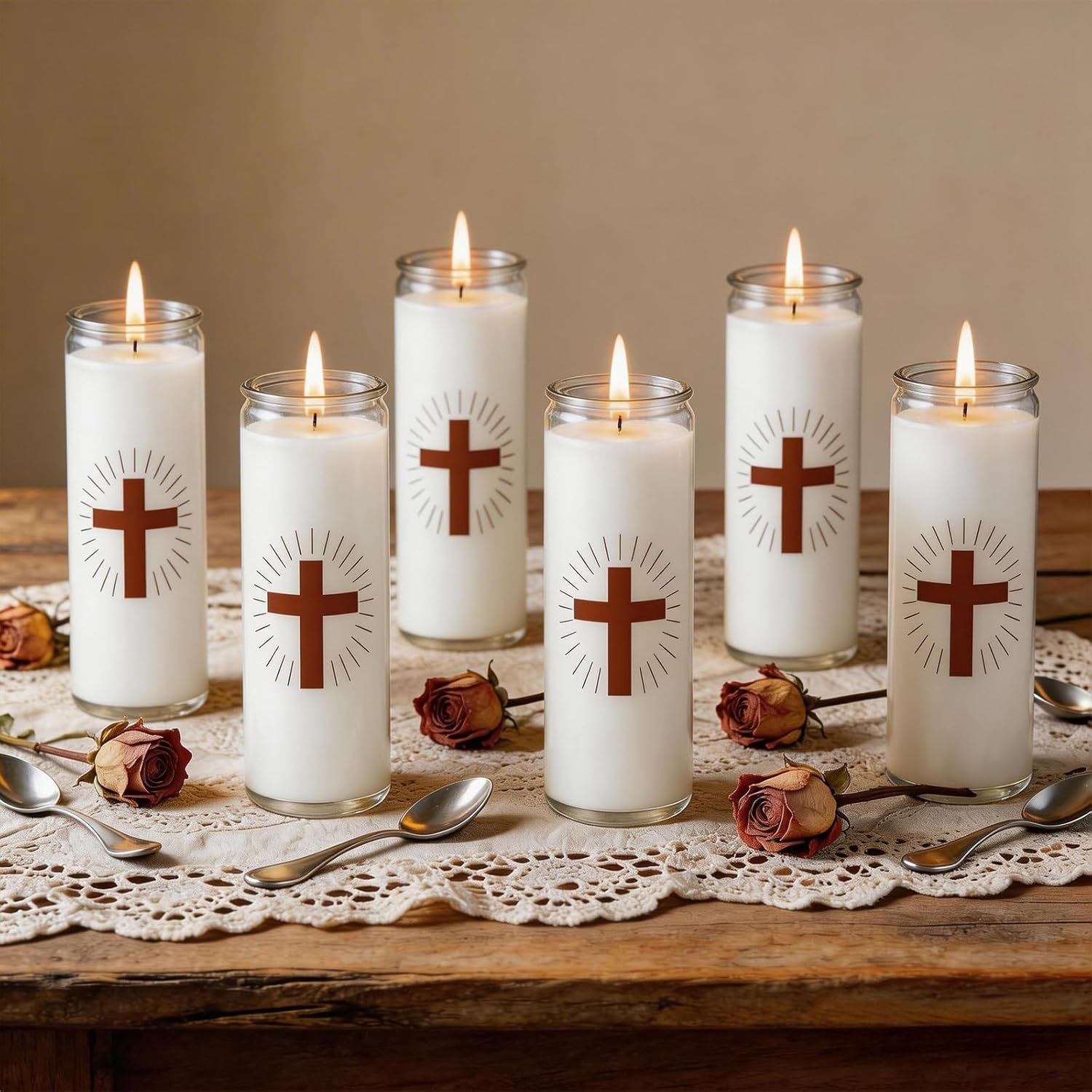 6 Pack White Prayer Candles, 7-Day Devotional with Cross, Safe Blown Glass Jars, Long Burning, Smokeless Honey Scent Catholic Candles for Church, Vigil & Memorial