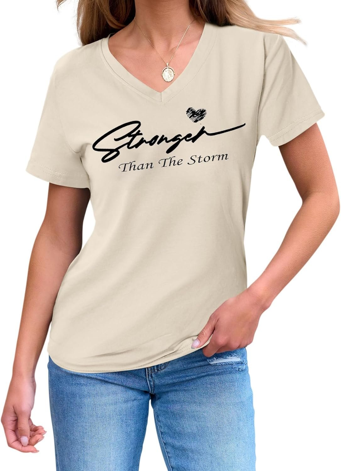 Christian ShirtforWomen,Stronger Than The StormTopsReligious Faith Short Sleeve FunnyGraphic Letter V Neck Tees
