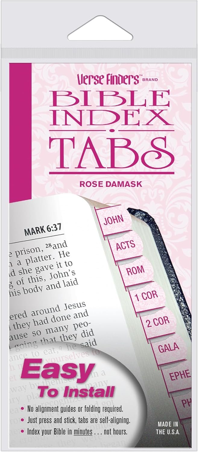 G.T. Luscombe Company, Inc. Rose Damask Verse Finder Bible Tabs | Easy to Install, Self-Aligning, Just Press & Stick | Horizontal Text | Complete Set of Tabs for The Old & New Testaments