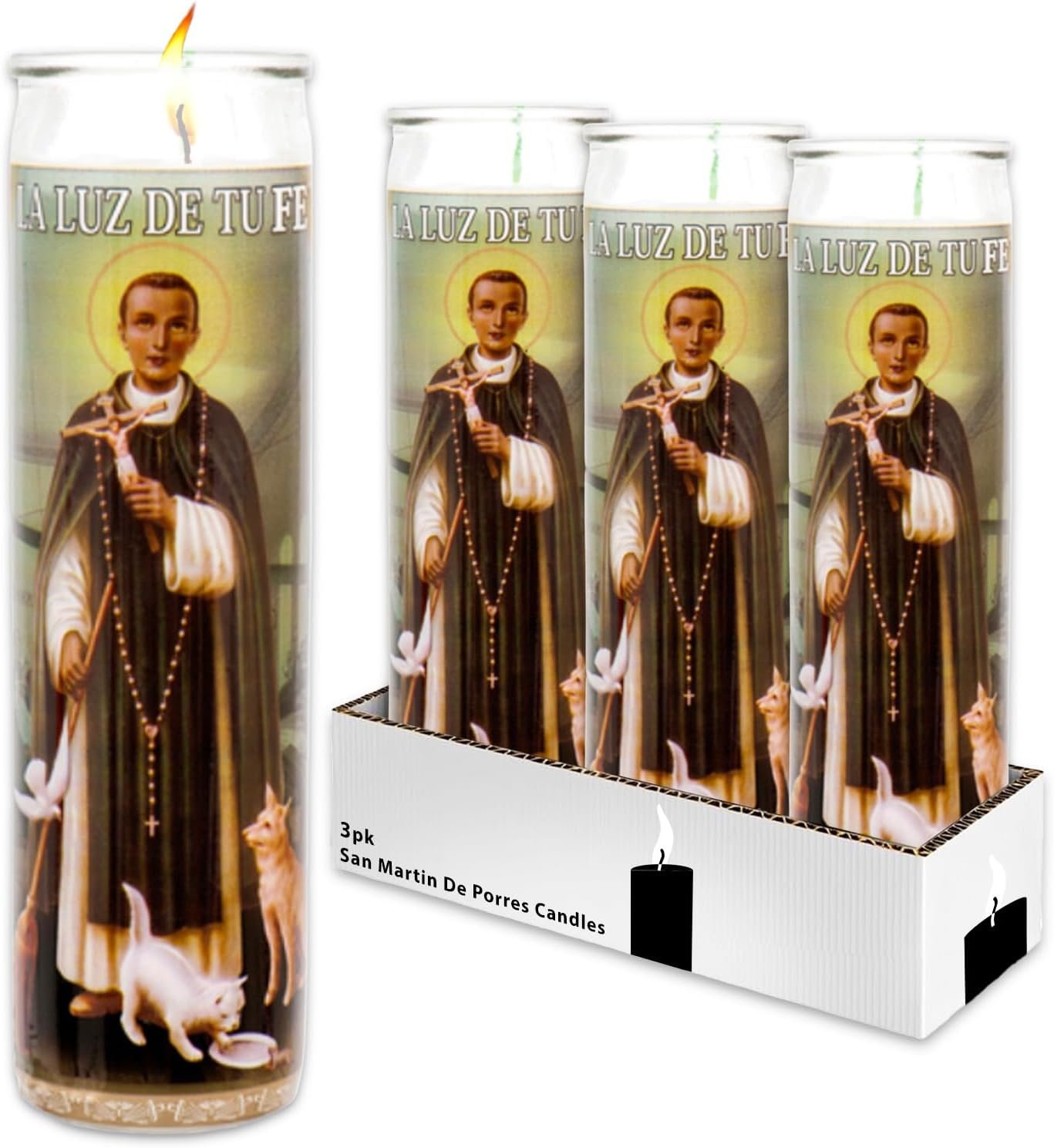 San Martin De Porres 3 Pack of 8 Inch White Religious Candles – Bundle with 3 Saint Martin De Porres Candles for Vigils, Prayers, Blessing Ceremonies, and More