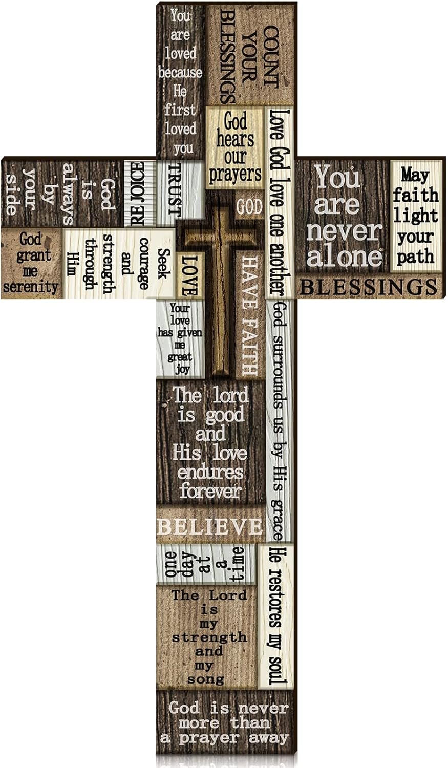 Wooden Cross Wall Decor 14 Inch Christians Wall Art Sign Religious Faith Easter Crosses Plaque with Inspirational Words and Saying Hanging Wood Cross Decor for Home Party Indoor Outdoor Farmhouse