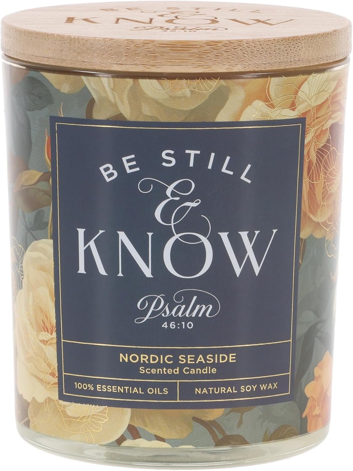 Christian Art Gifts Soy Wax Scented Candle: Be Still & Know Bible Verse, Nordic Seaside Scent, Pure Essential Oils, 4.5 oz, Up to 20 Hours Burn Time, Glass Jar w/Bamboo Lid, Women’s Encouragement Gift