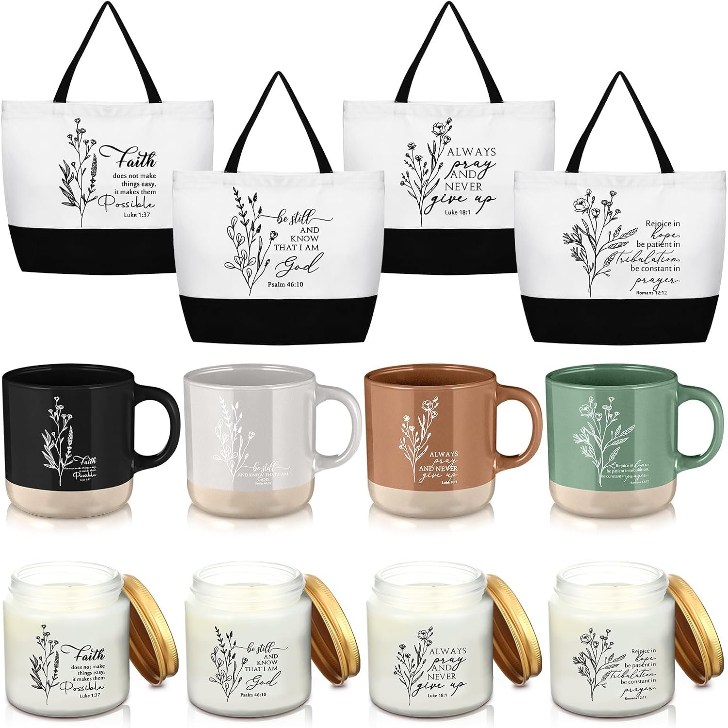 LemonRoad 12 Pcs Mother Day Christian Gift Inspirational Large Handle Bag Ceramic Coffee Mug Religious Scented Candle Boho Flower Bible Design Religious Gift for Mom Church Party