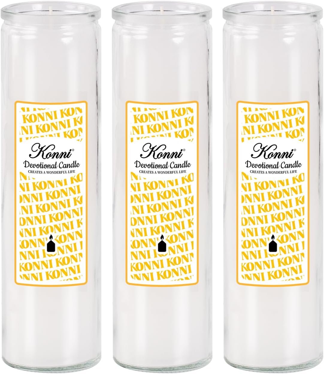 KONNI 2×8 Inch White Pillar Candles in Glass Set of 3, Devotional Prayer Candle, Unscented Religious Candles, 105 Hours Emergency Long Burning, Ideal for Memorials, Vigil, Blessing