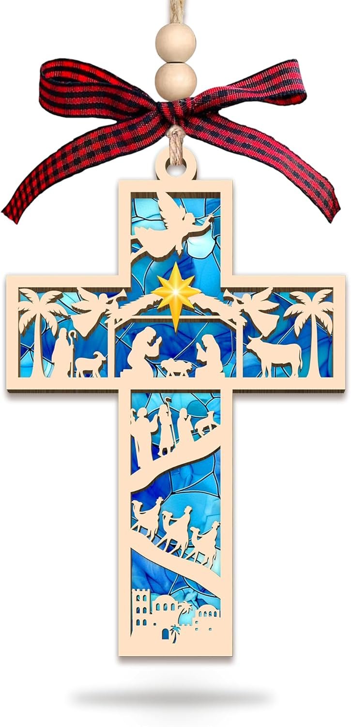 HEXMOZ Nativity Cross Ornament for Christmas Tree – Religious, Christian Christmas Ornaments 2025 Gifts for Family – Acrylic Wood Nativity Scene Cross, Jesus Hanging Ornament, Holy Family Decoration